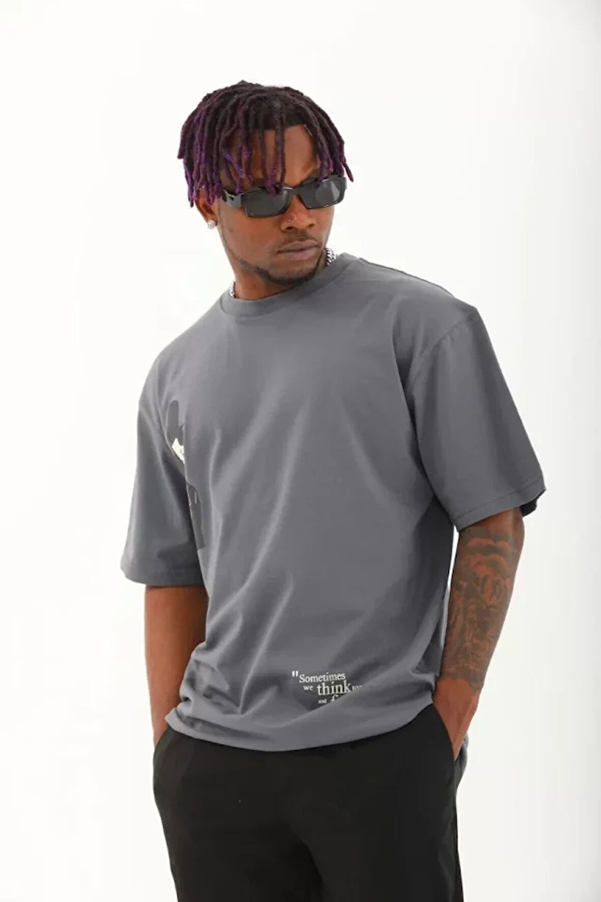 Unisex Oversize Baskılı Bisiklet Yaka Thirt  Füme