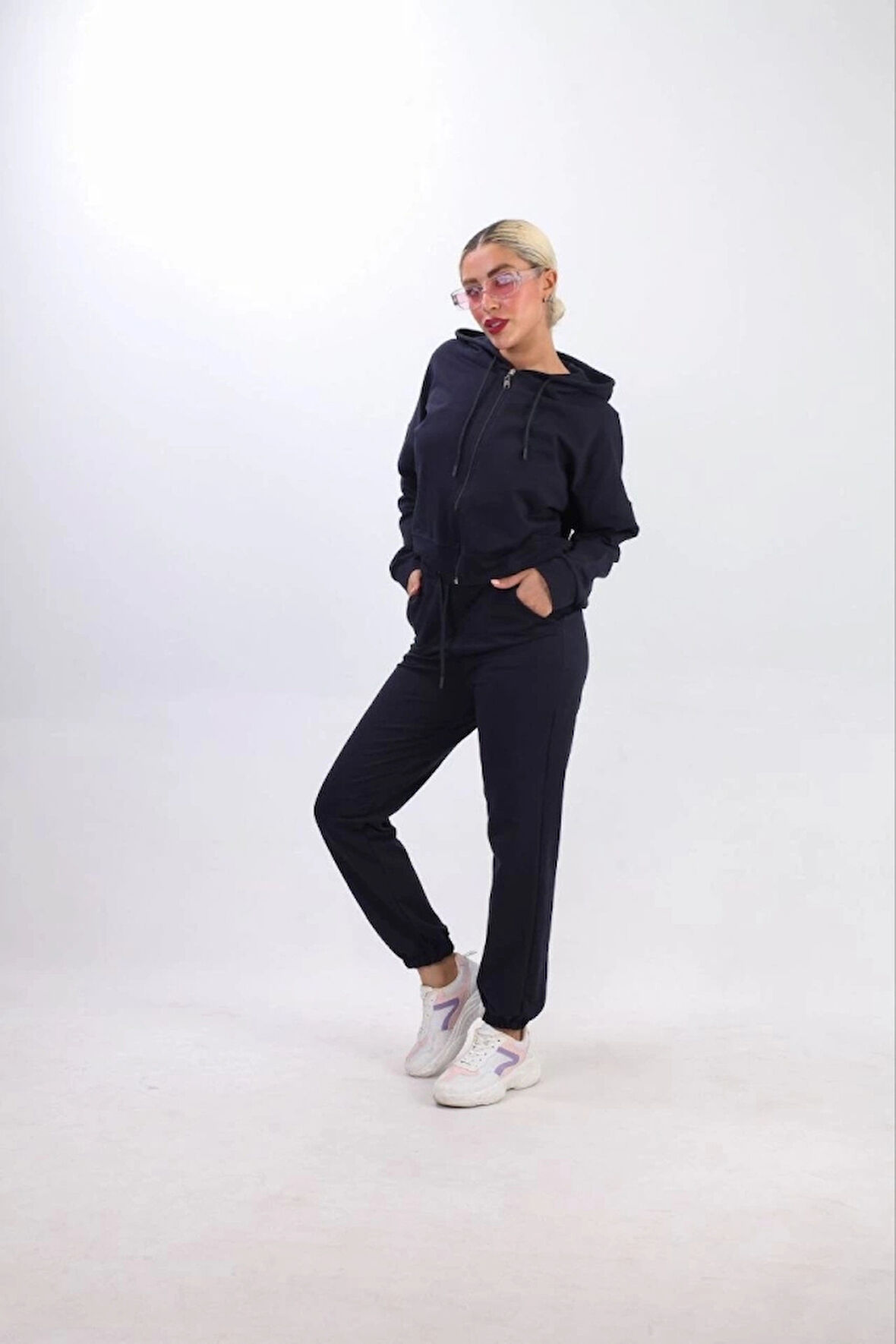 Iki Iplik Kapüşonlu Fermuarlı Crop Oversize Hırka Takım acivert