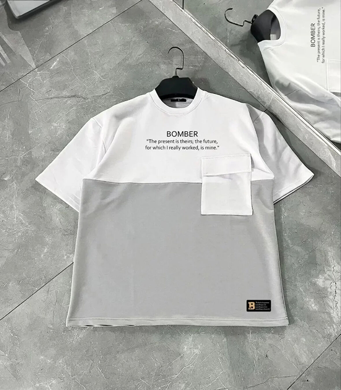 Unisex Torba Cep Detaylı  Parçalı Thirt  Gri