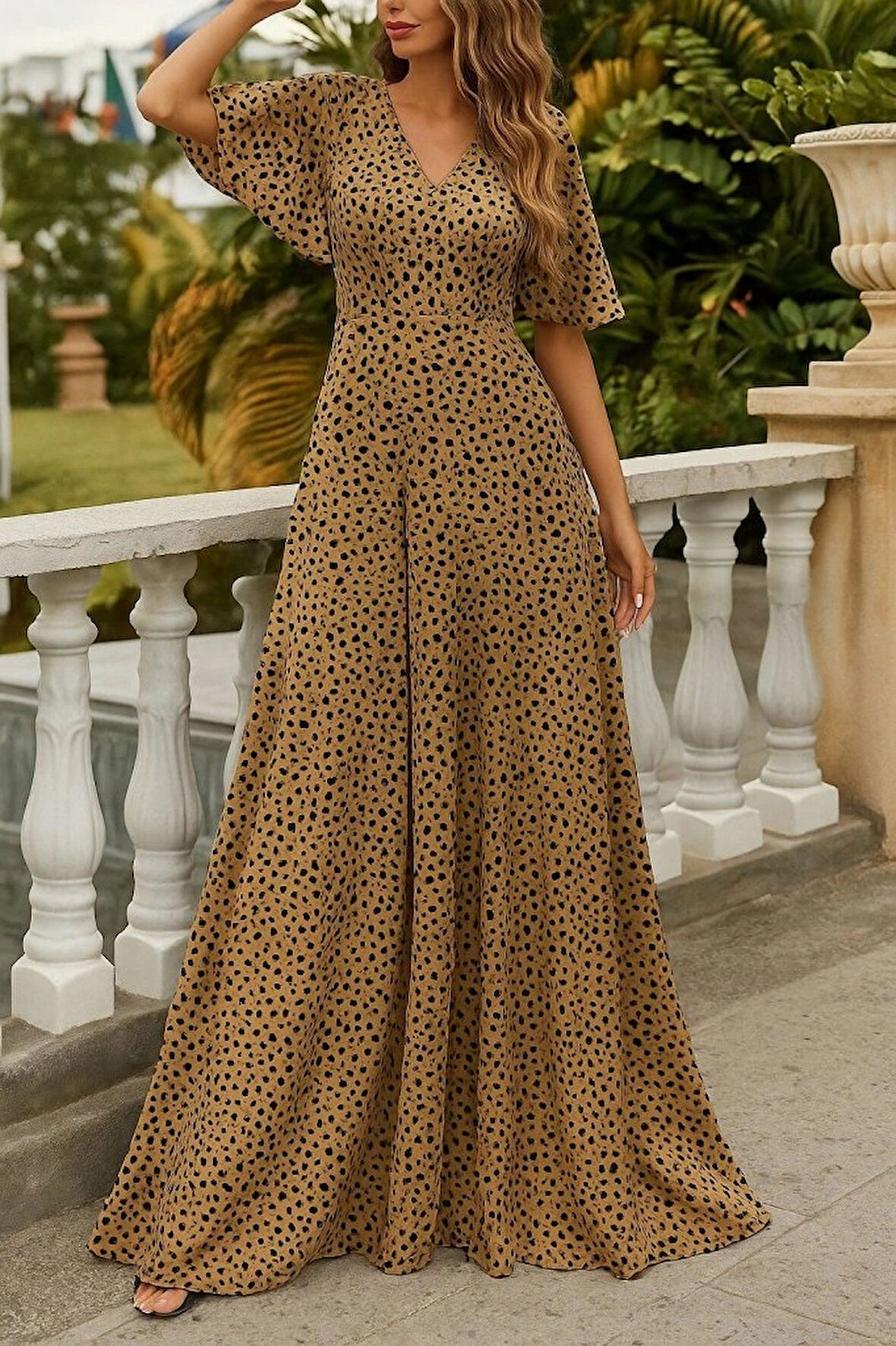 Kadın Kısa Kollu V Yakalı Desenli Süprem Elbise