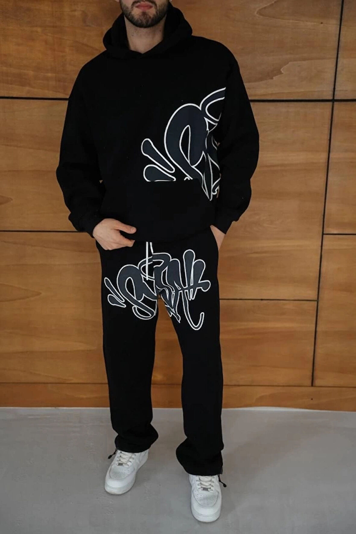 Erkek Kapüşonlu Eşofman Takım Graffiti Baskılı Oversize Rahat Kalıp, Kanguru Cepli, treetwear Tarzında Premium Ürün 3 Iplik Pamuklu  iyah