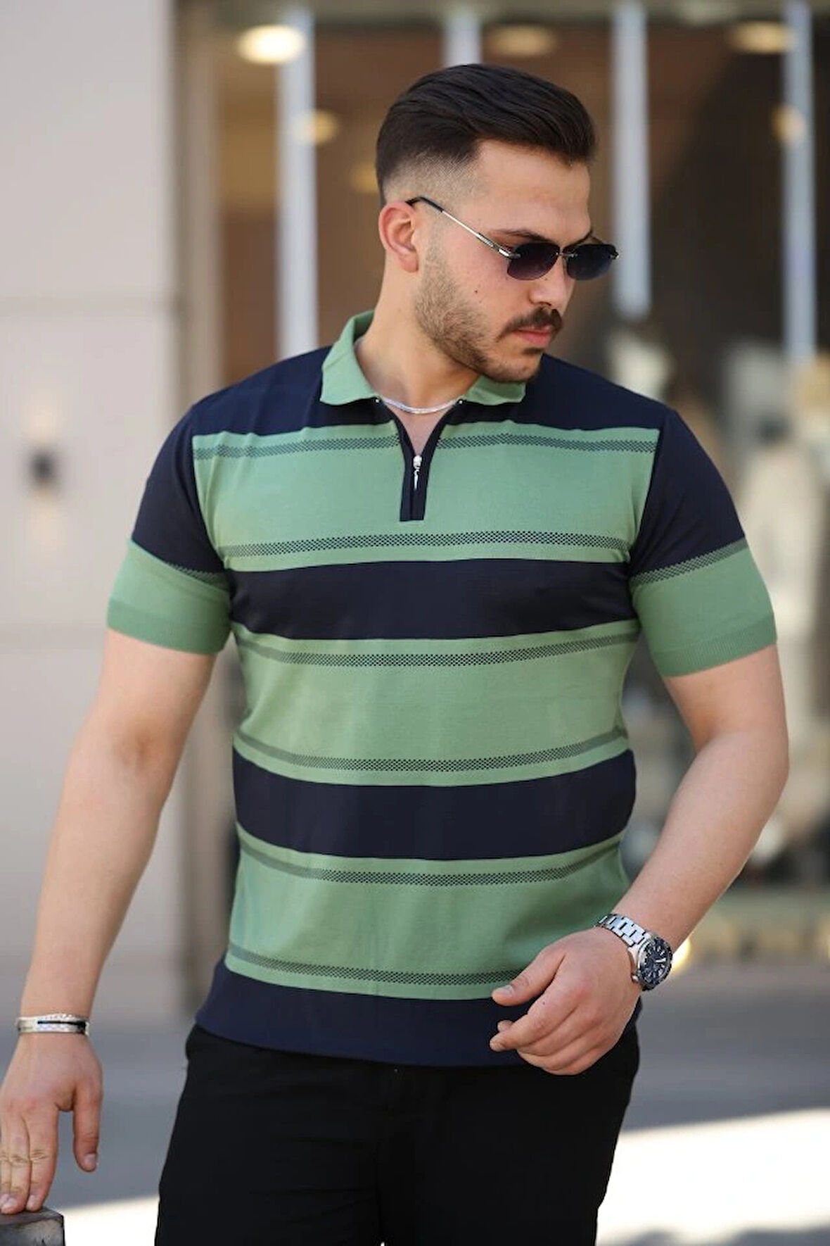 Erkek Yakalı Fermuarlı çift Renk Kısa Kollu Tshirt