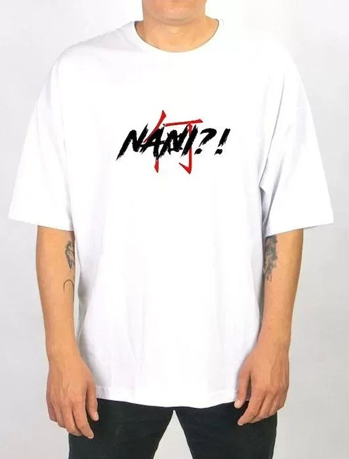 Unisex Bisiklet Yaka Baskılı Oversize Thirt  Beyaz