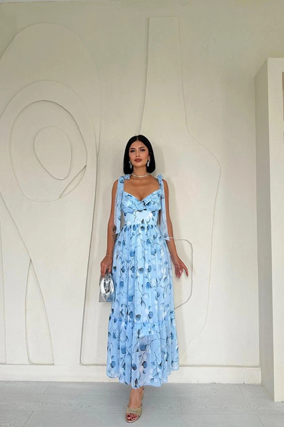 Mavi Şifon Drapeli Elbise