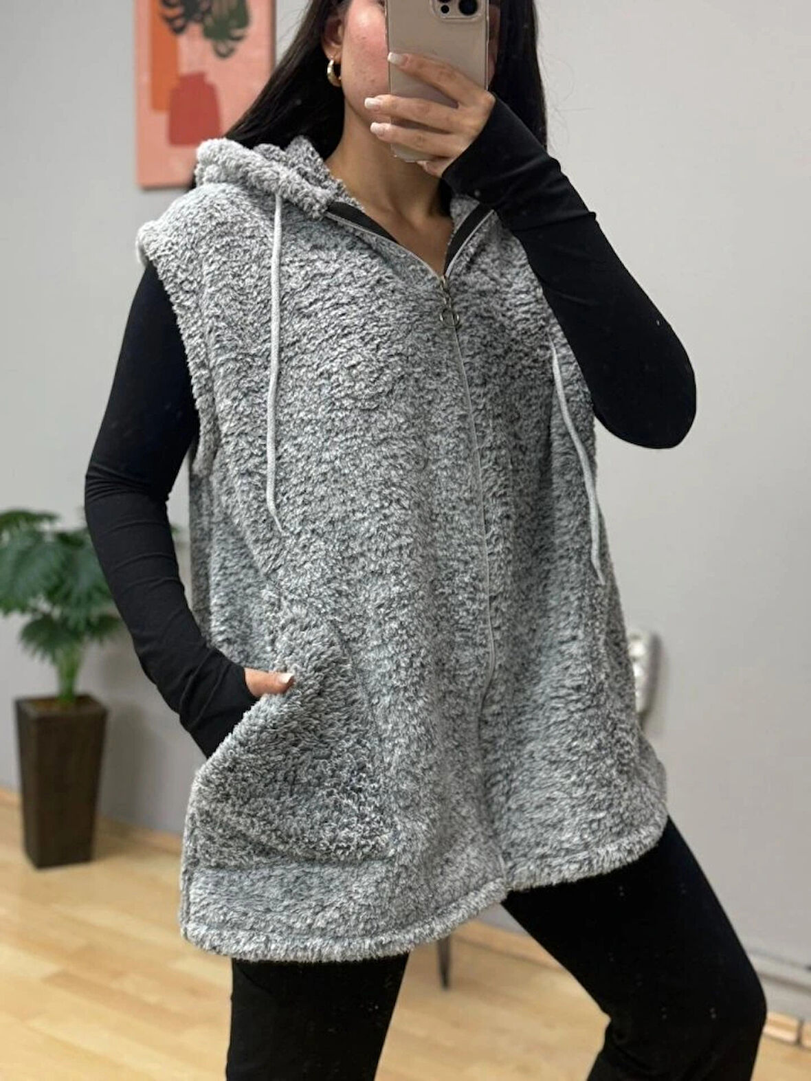 Kadın Kapüşon Ve Fermuar Detay Welsoft Kolsuz Yelek