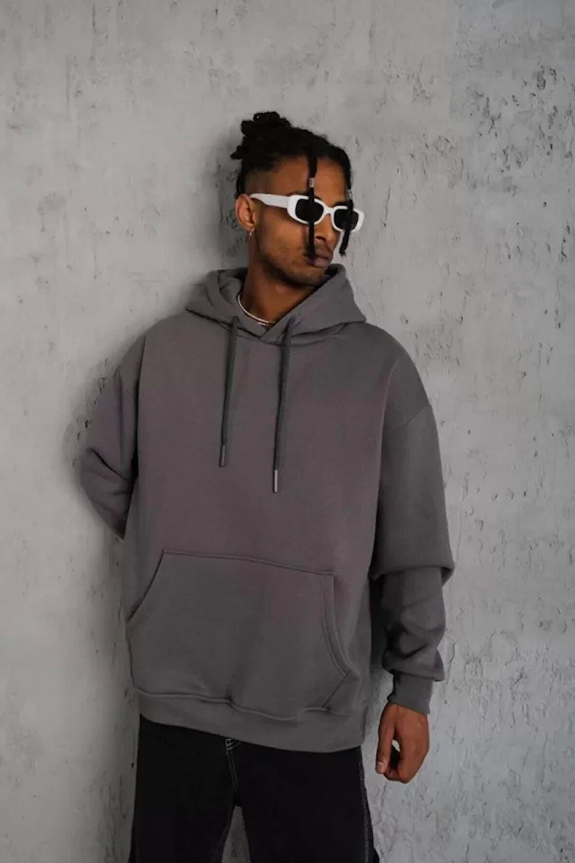 Erkek Düz Kapüşonlu Sweat  Gri