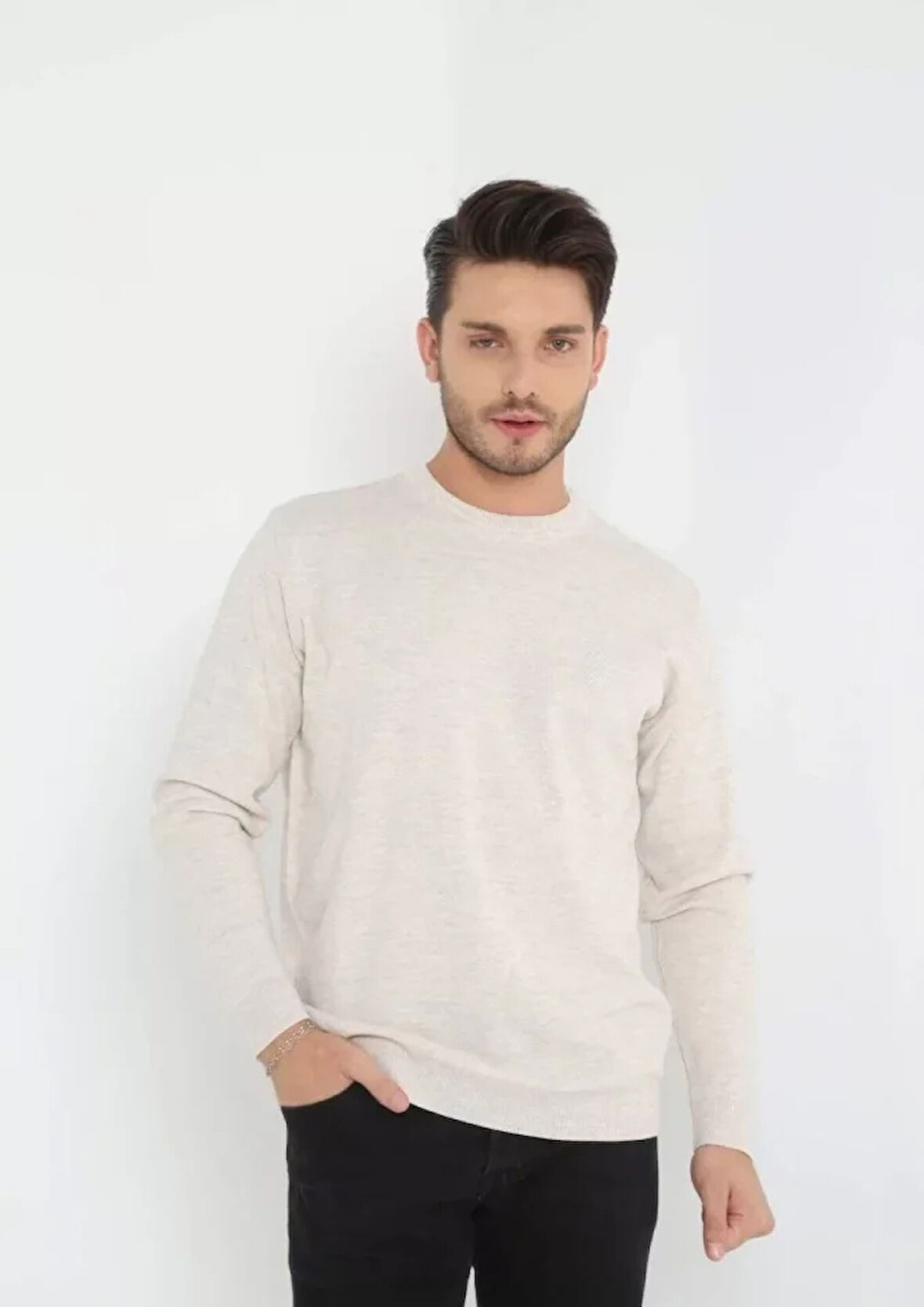 Unisex Uzun Kol Biskilet Yaka Dokuma Triko  Bej