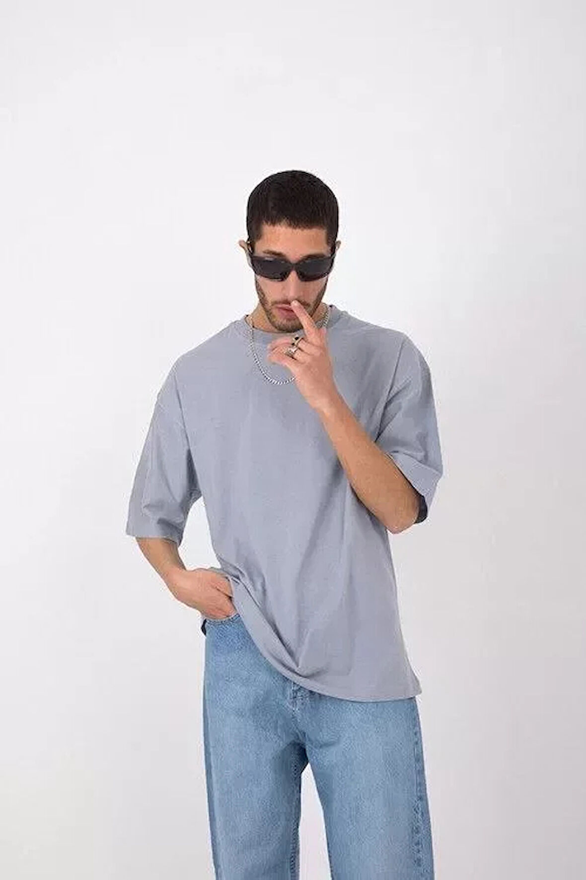 Unisex Basic Bisiklet Yaka Oversize Thirt  Gri