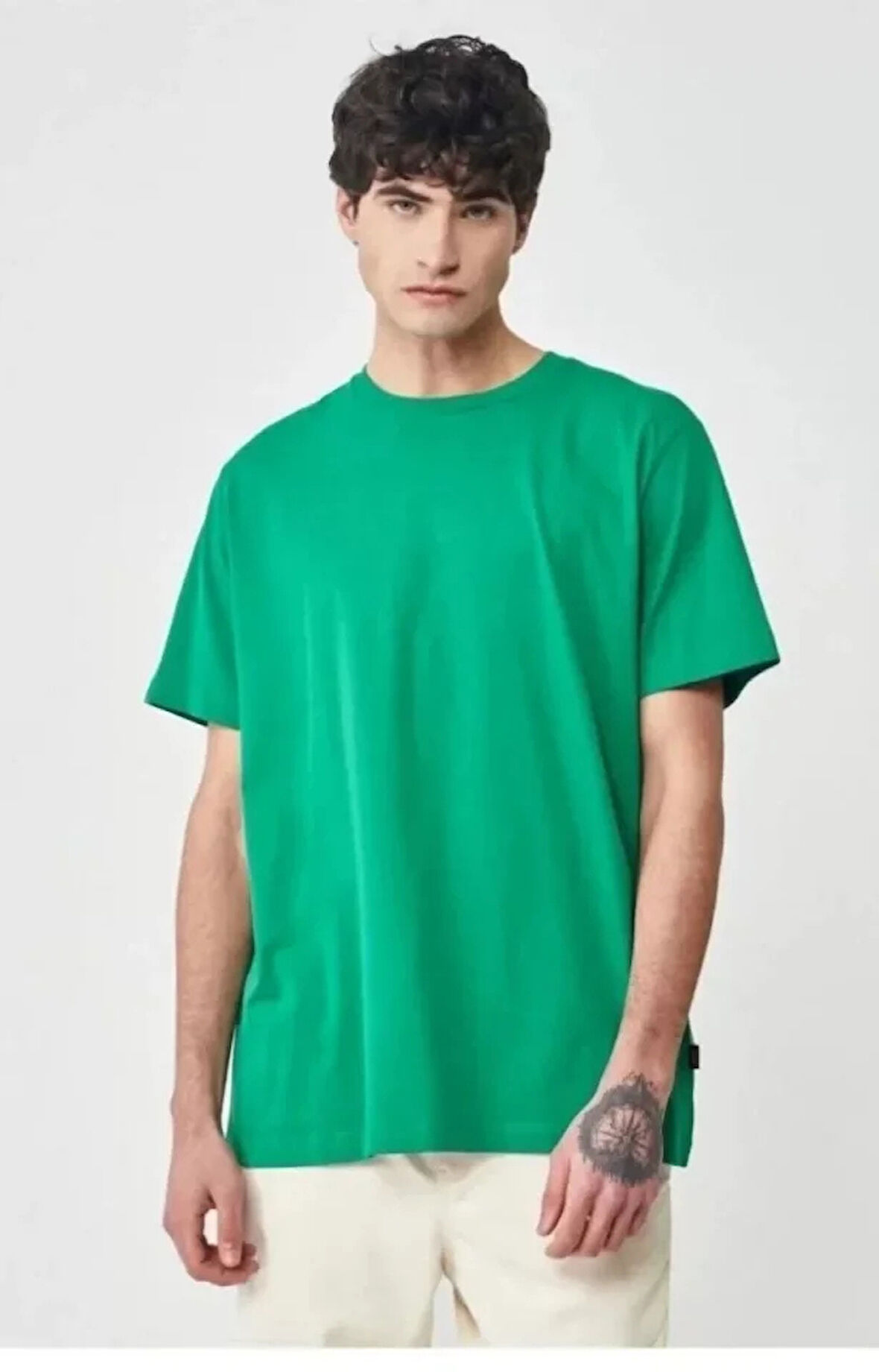 Unisex Düz Biskilet Yaka Oversize Tshirt  Yeşil