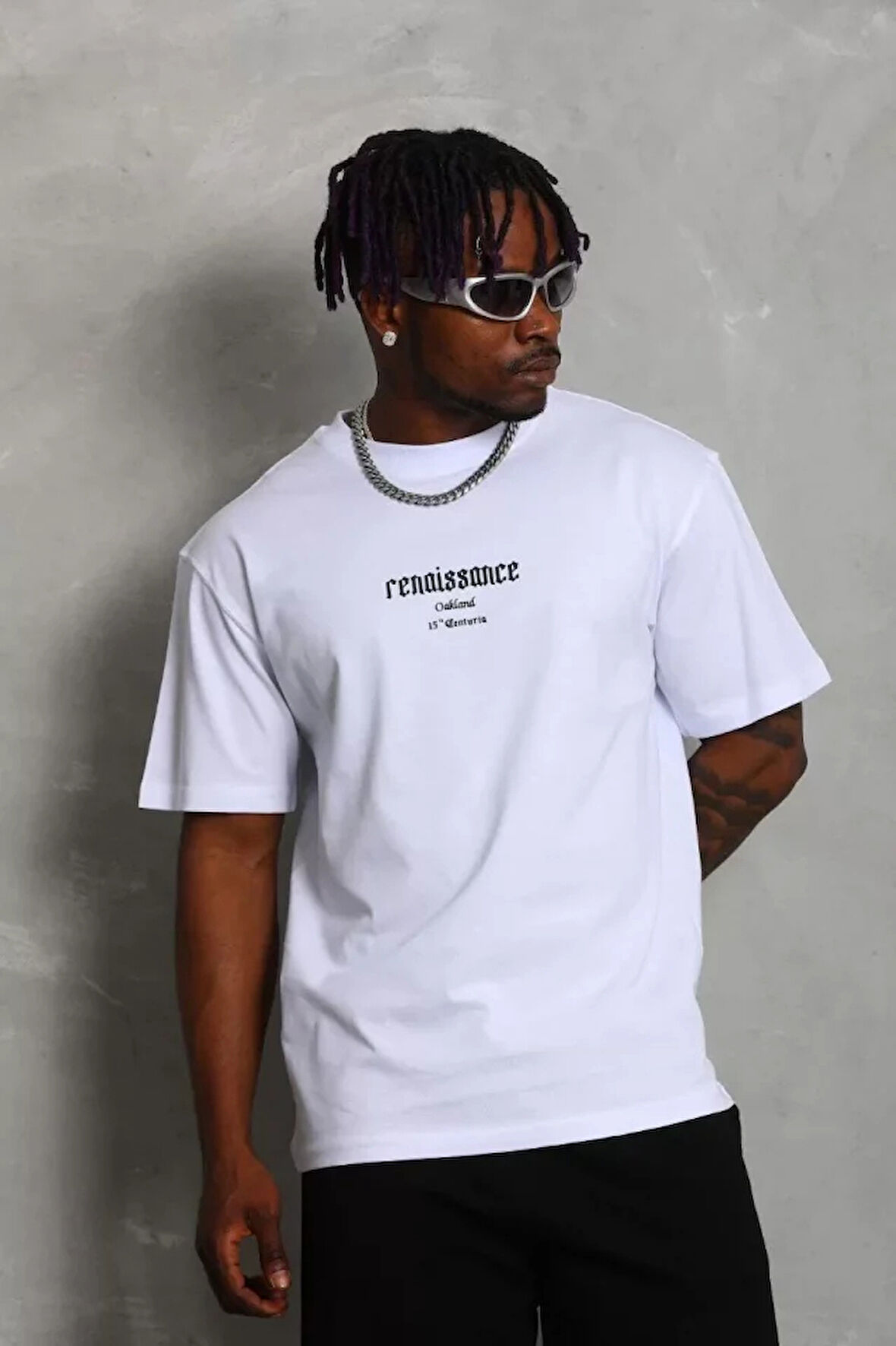 Unisex Oversize Baskılı Bisiklet Yaka Thirt  Beyaz