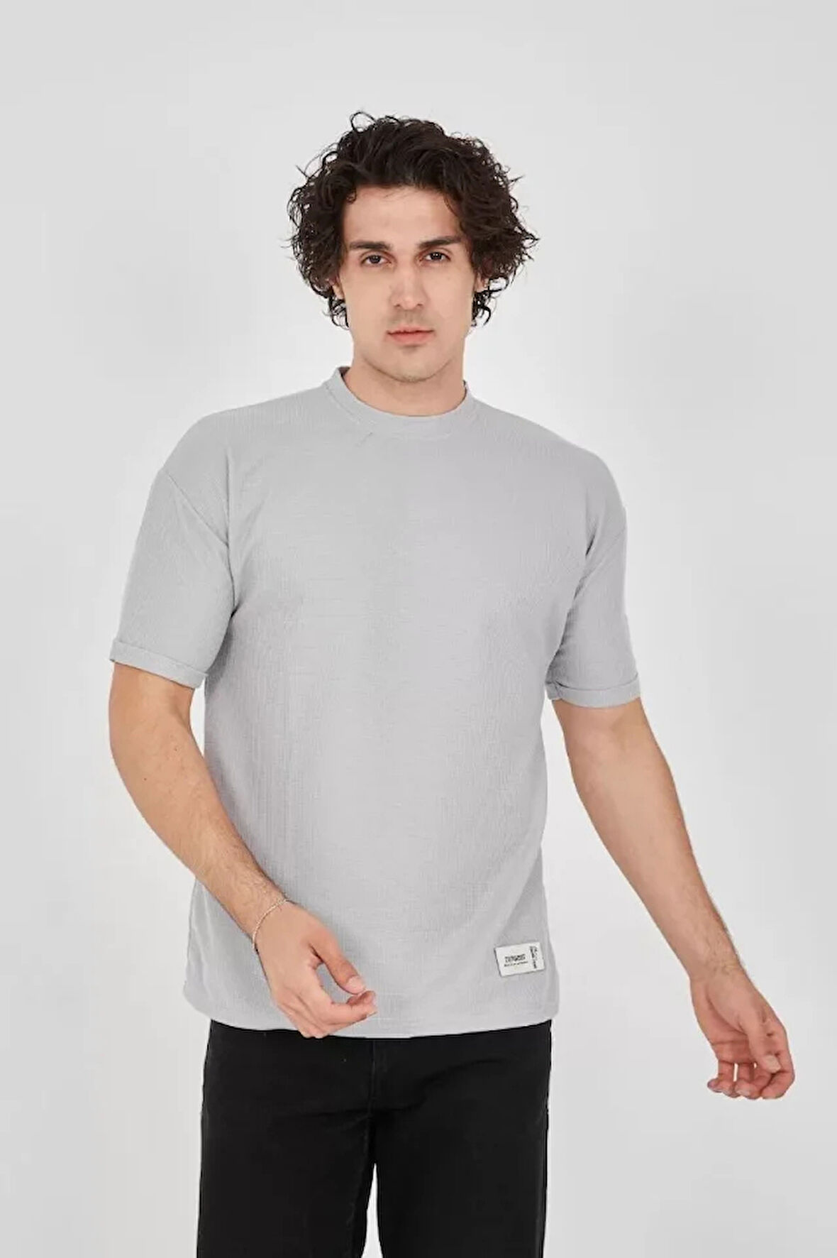 Unisex Waffle Kumaş Rahat Kol Thirt  Boyalı Gri