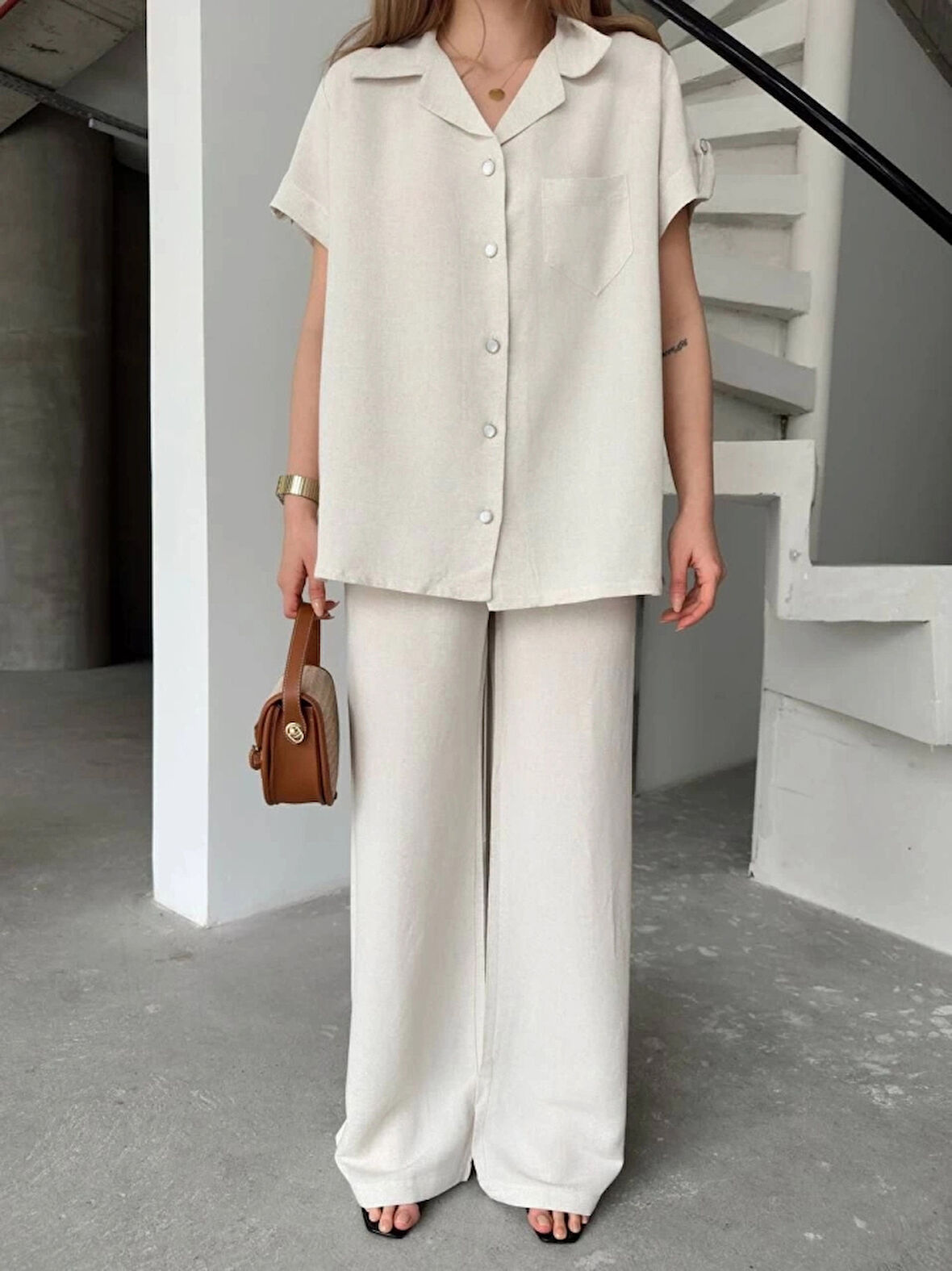 Keten Kısa Kollu Cepli Gömlek Pantolon Ikili Takım  Beyaz