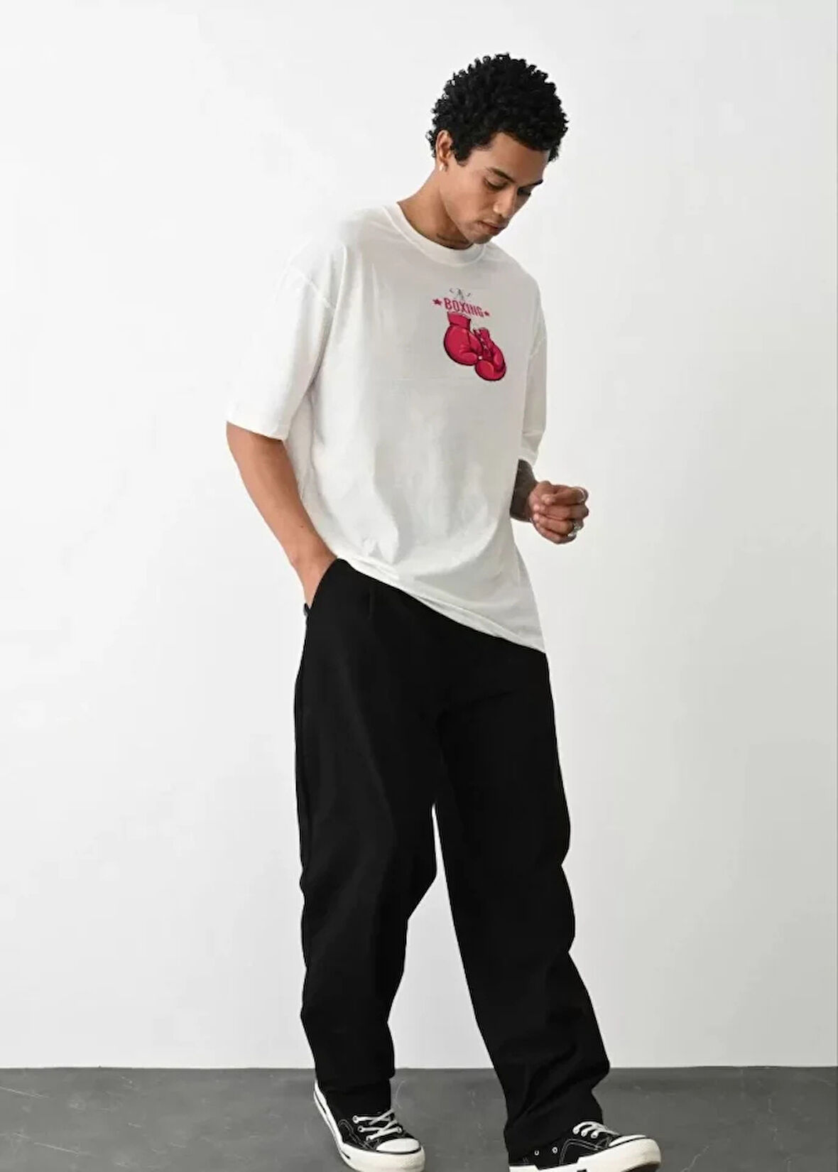 Unisex Bisiklet Yaka Baskılı Oversize Thirt  Beyaz