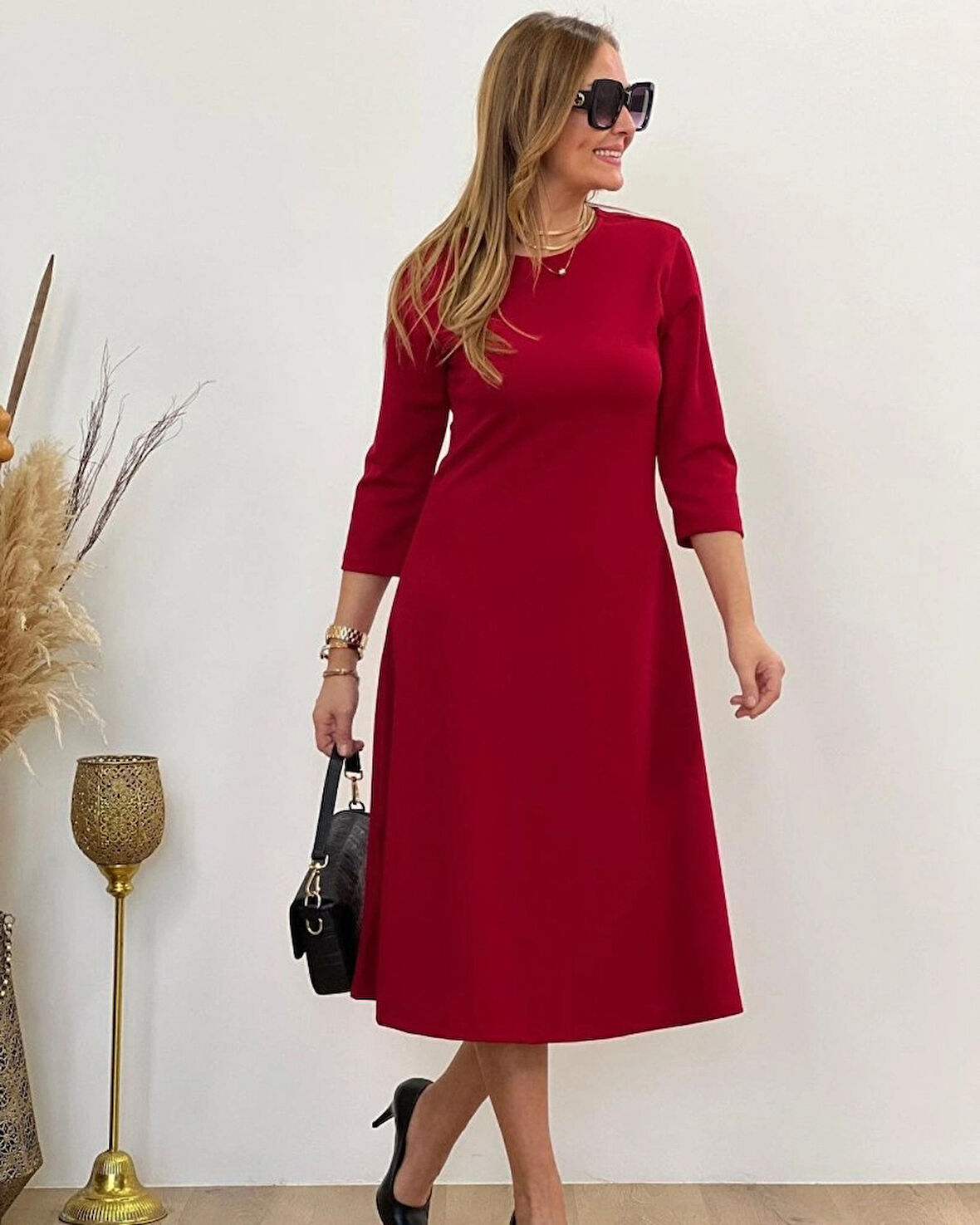 Kadın Uzun Truvakar Kol Bisiklet Yaka Midi Modal Elbise