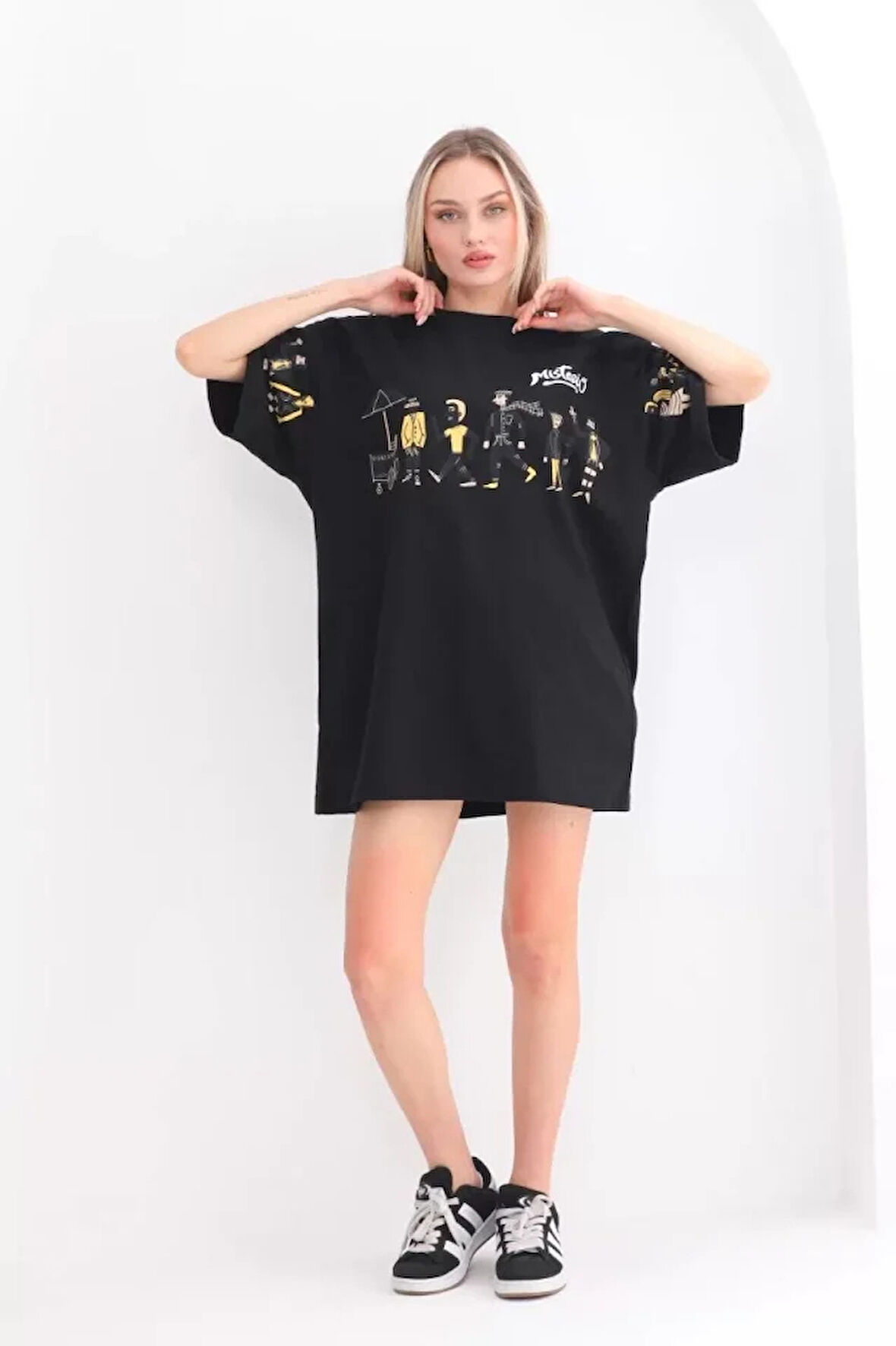 Unisex Bisiklet Yaka Baskılı Oversize Thirt  iyah