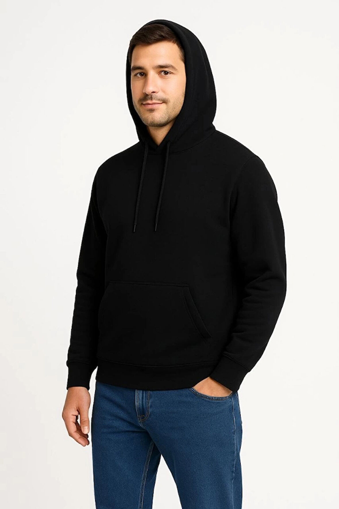 Erkek Üç İplik Kapüşonlu Kanguru Cepli weathirt Hoodie  iyah