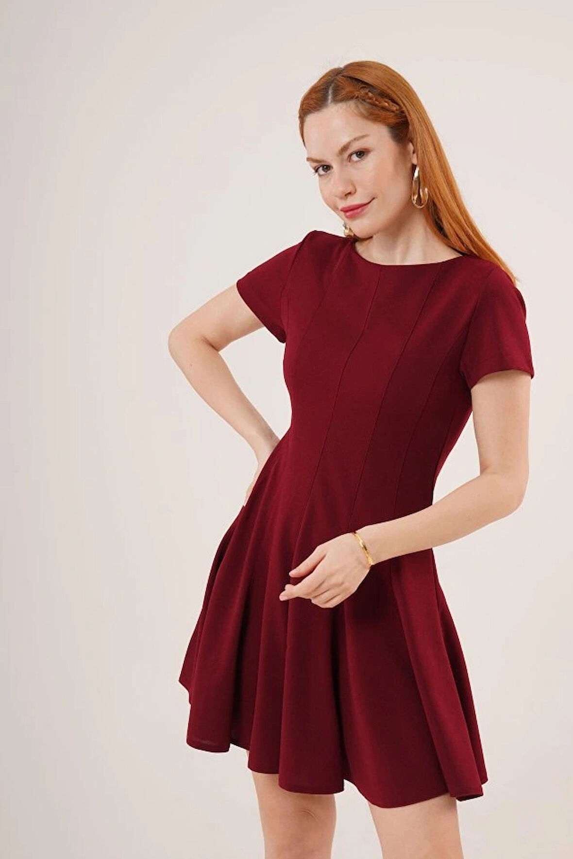 Önden Dikiş Detaylı Çan odel Bordo Elbise