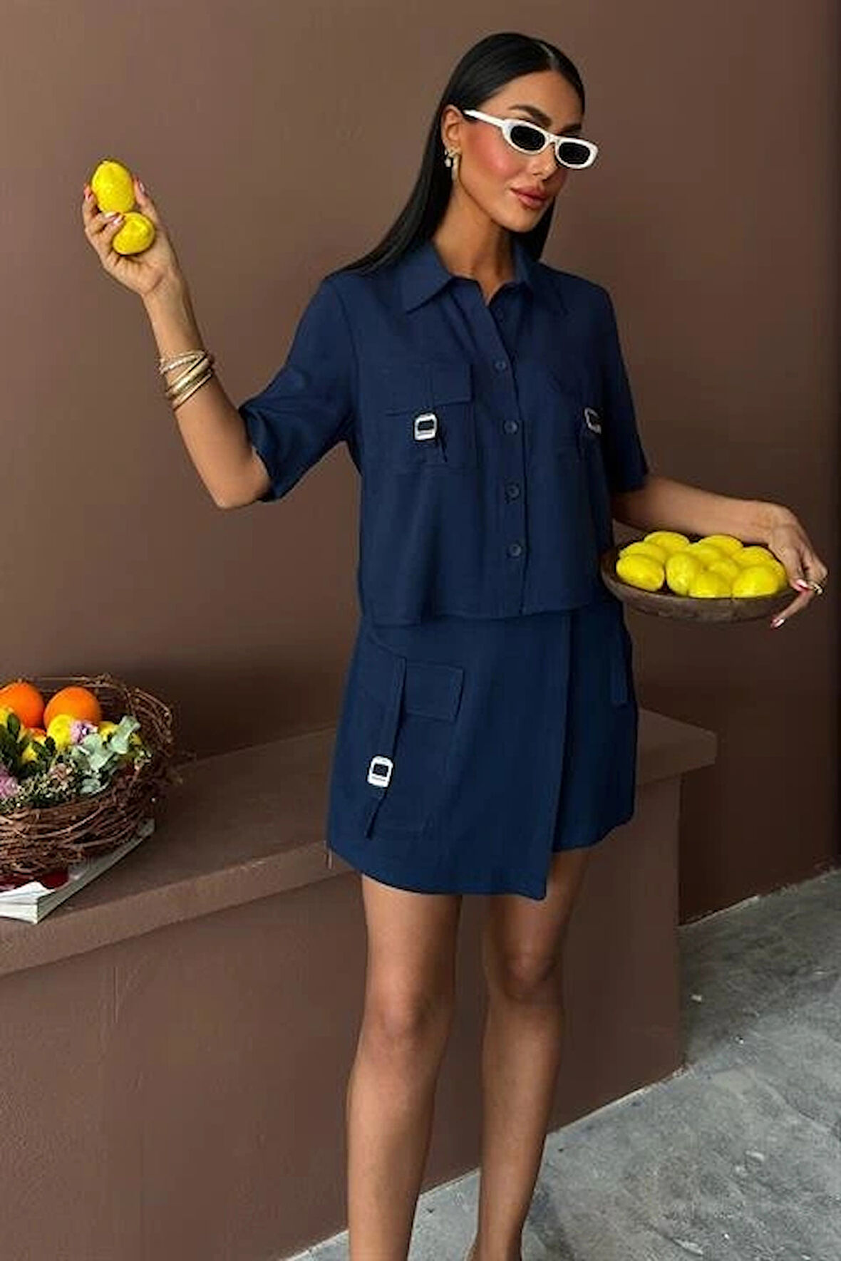 Gömlek Şort Etek Viscon Keten Takım 10162