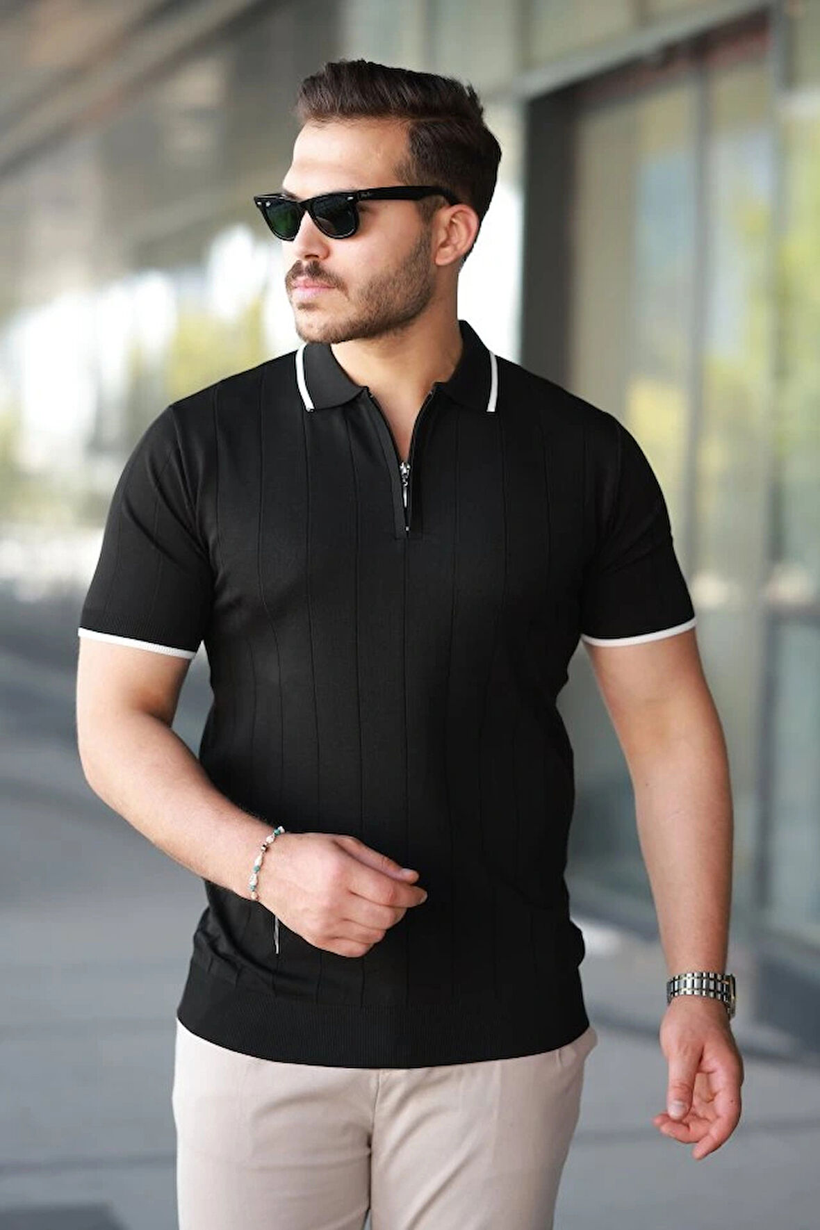 Erkek Fermuar Yakalı çizgi Dokulu Kısa Kollu Tişört