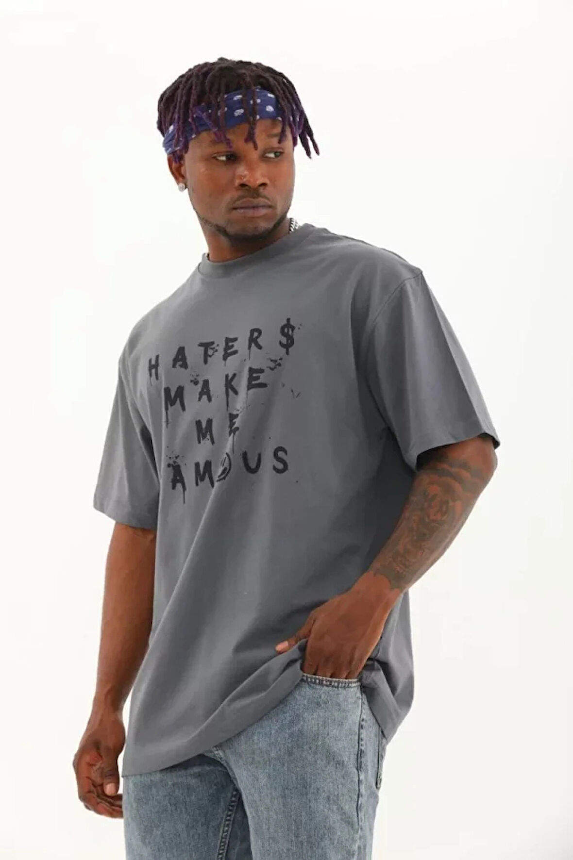 Unisex Oversize Baskılı Bisiklet Yaka Thirt  Füme