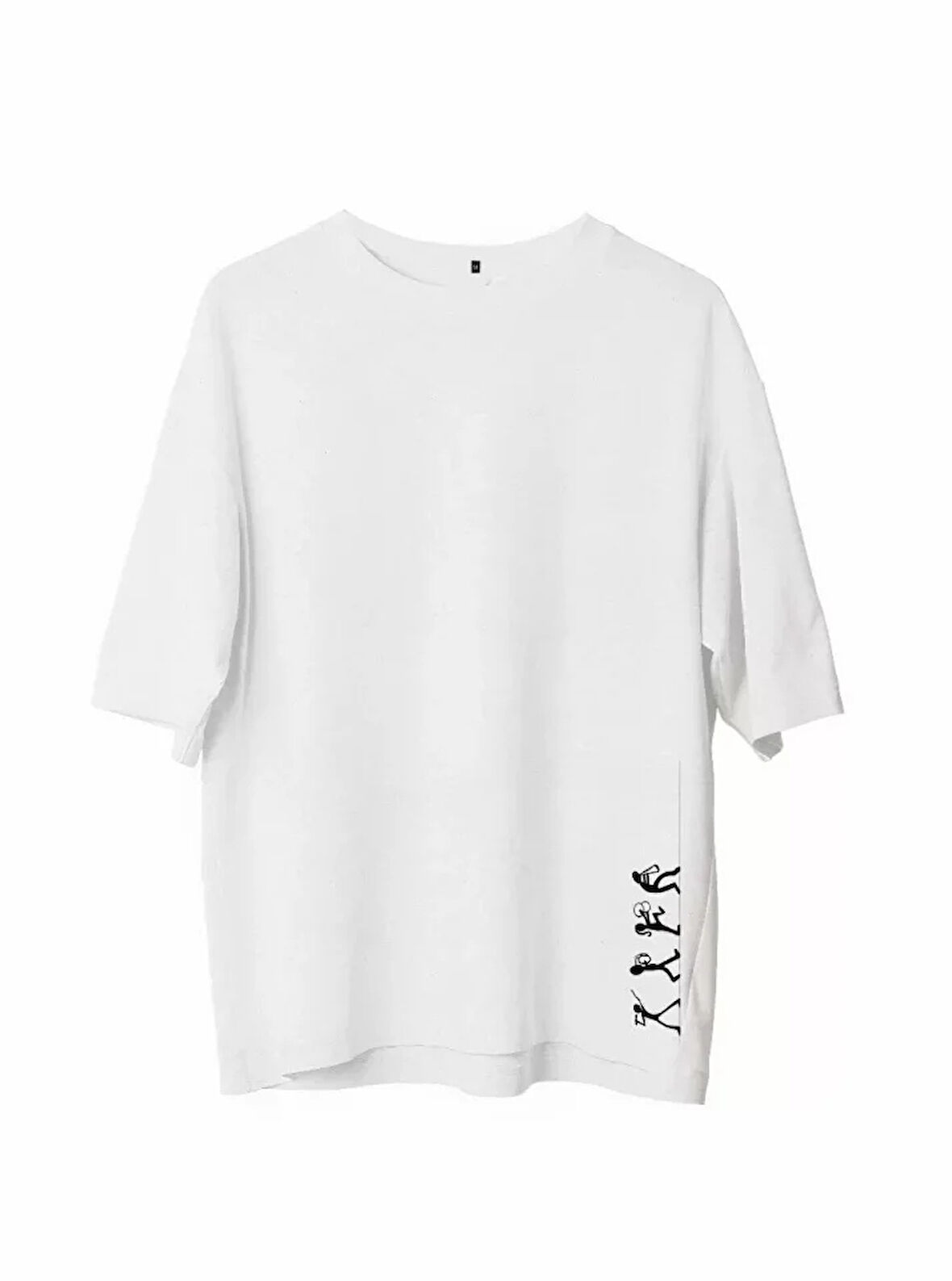 Unisex Bisiklet Yaka Baskılı Oversize Thirt  Beyaz