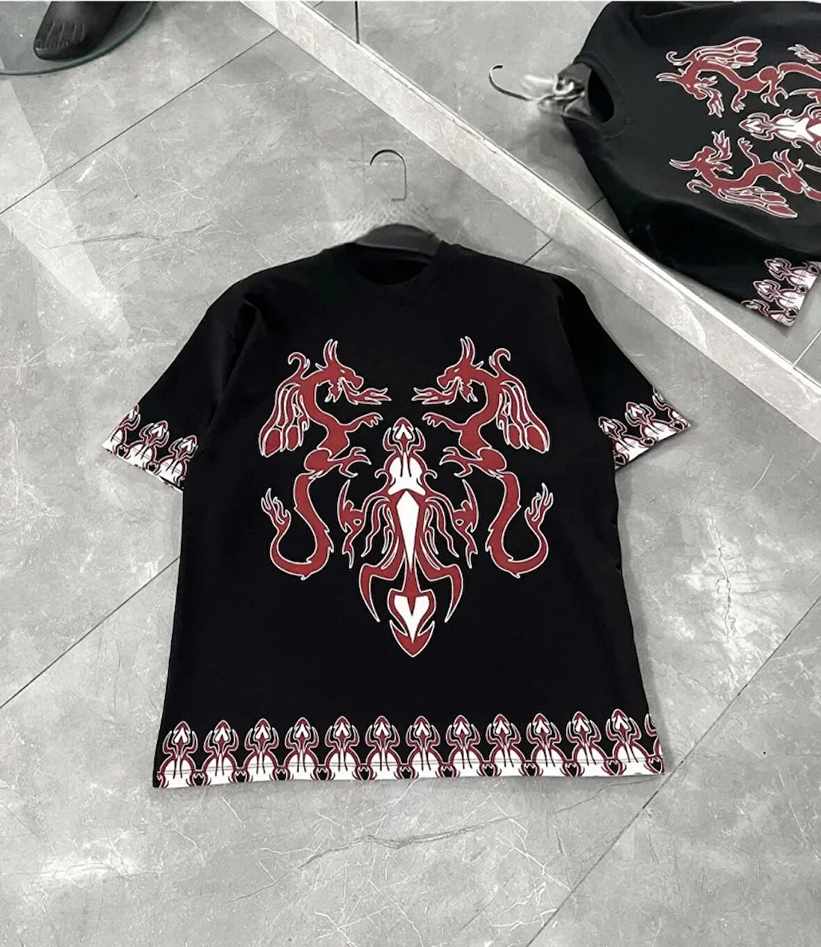 Unisex Bisiklet Yaka Baskılı Oversize Thirt  iyah