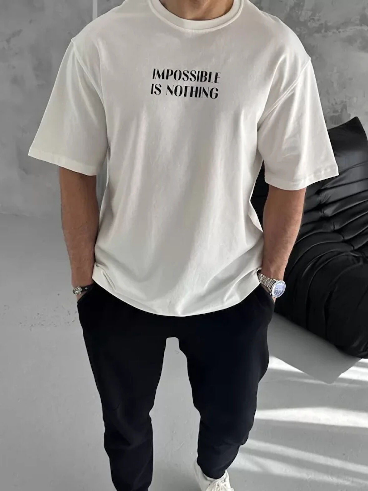 Unisex Bisiklet Yaka Baskılı Oversize Thirt  Beyaz