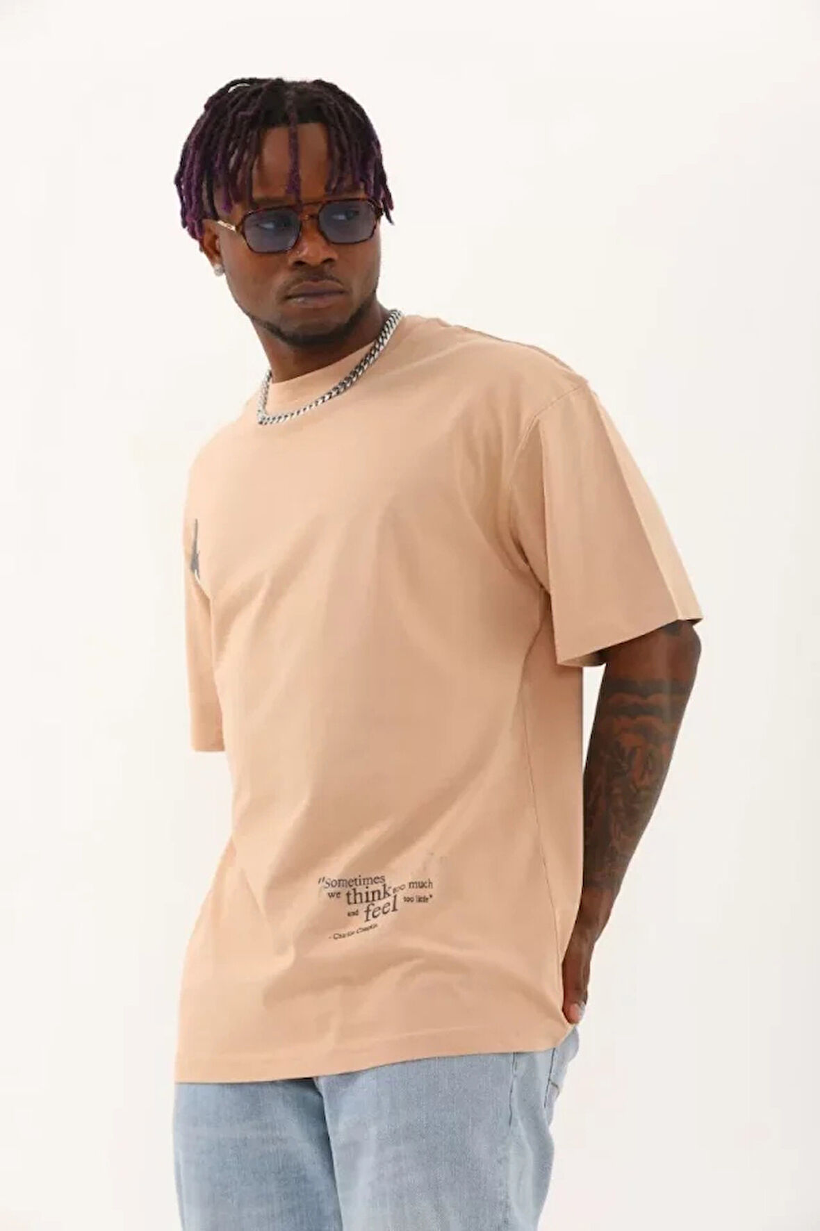 Unisex Oversize Baskılı Bisiklet Yaka Thirt  Bej