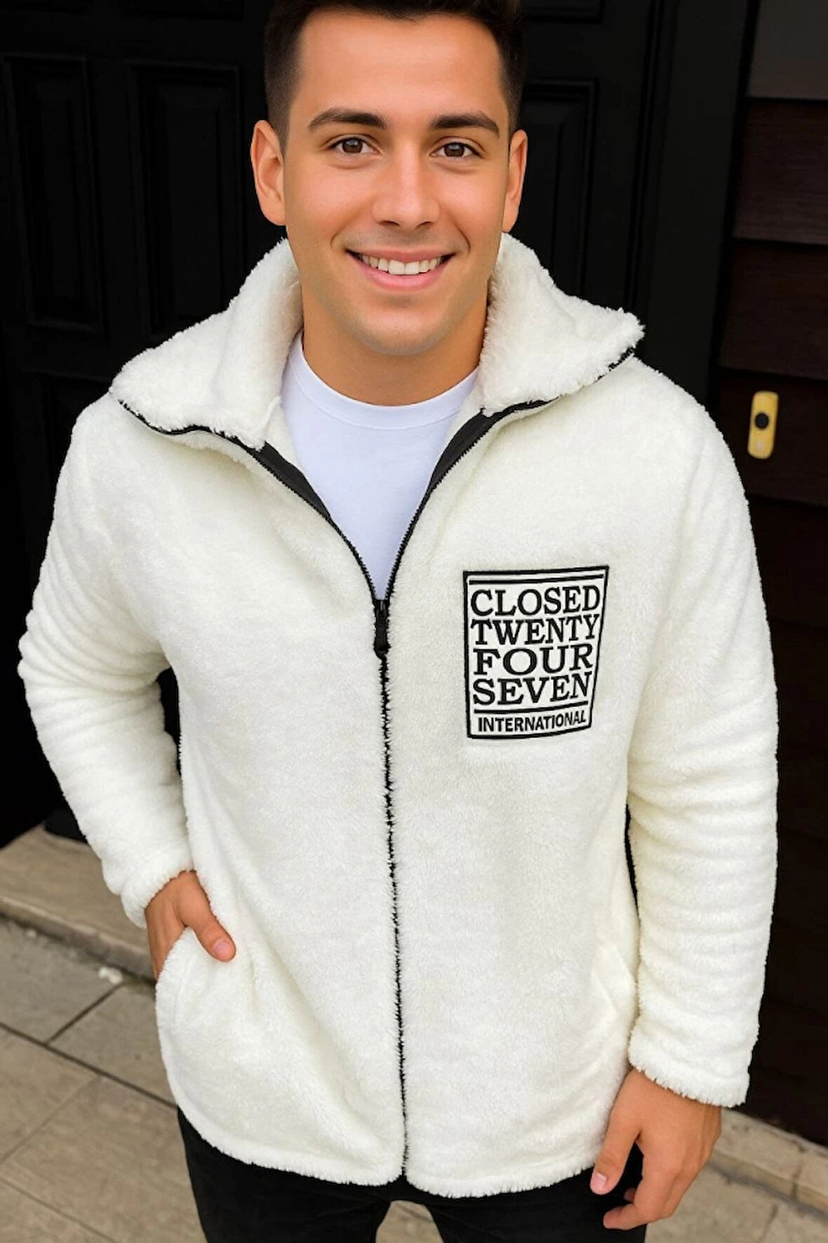 Erkek Polar Fermuarlı weatshirt – Kapüşonsuz, Cepli, Yumuşak Dokulu, Oversize Rahat Kalıp, Kışlık ıcak Tutan Fermuarlı Üst  Beyaz