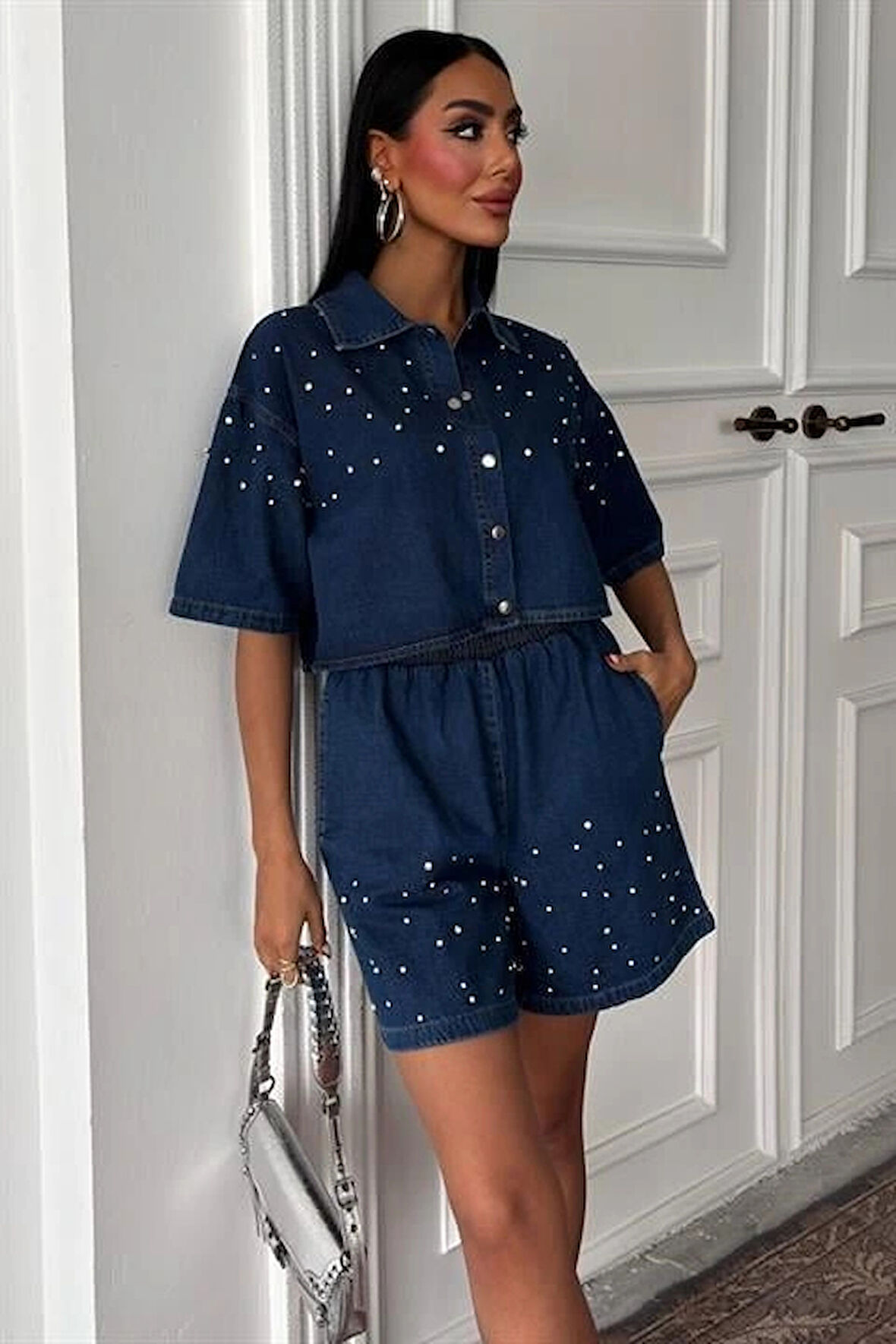 Taş Detaylı Gömlek Şort Denim Takım 10175