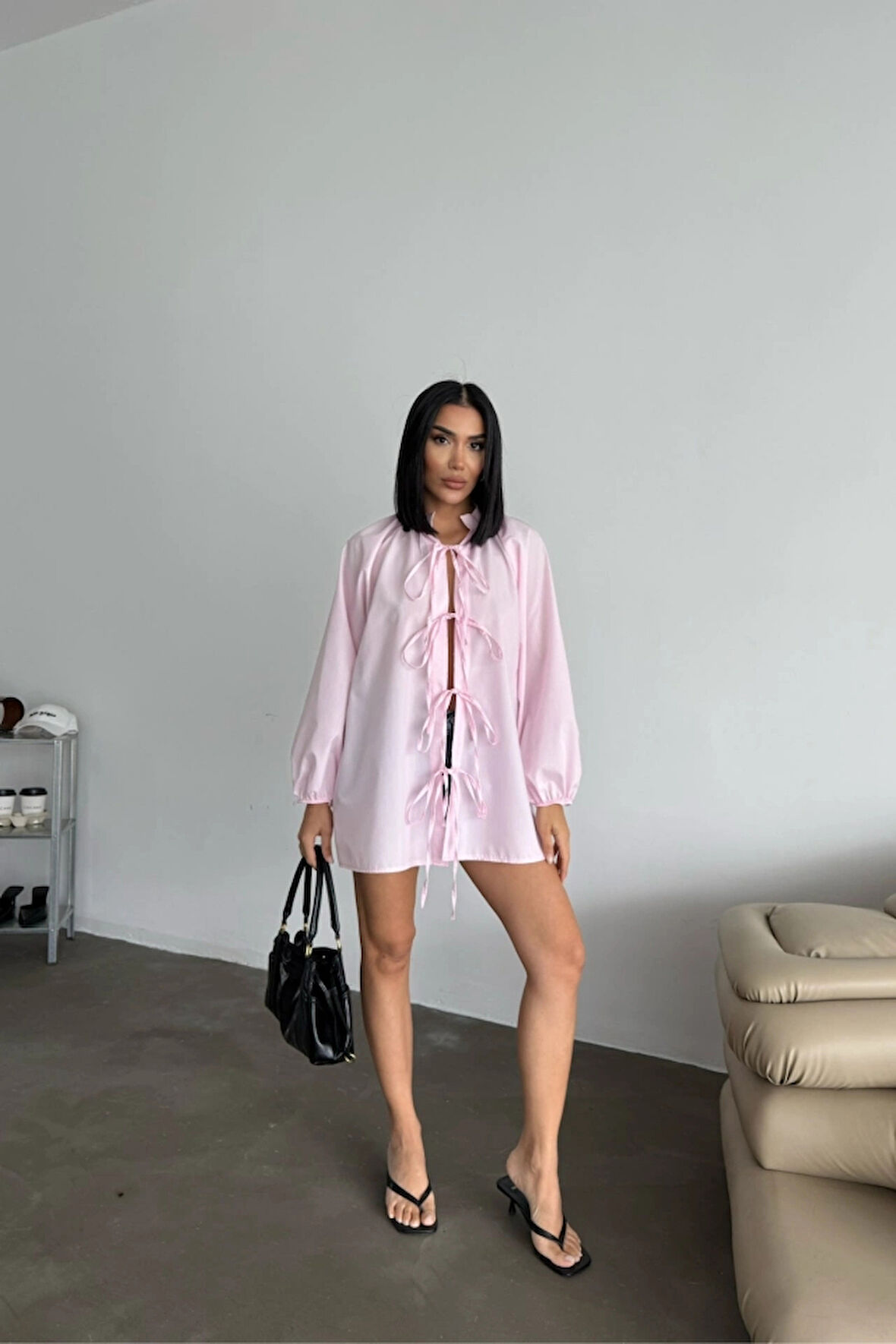 GÖEK POPİN HAKİ YAKA ÖNDEN BAĞAA İP DETAYI  Pembe