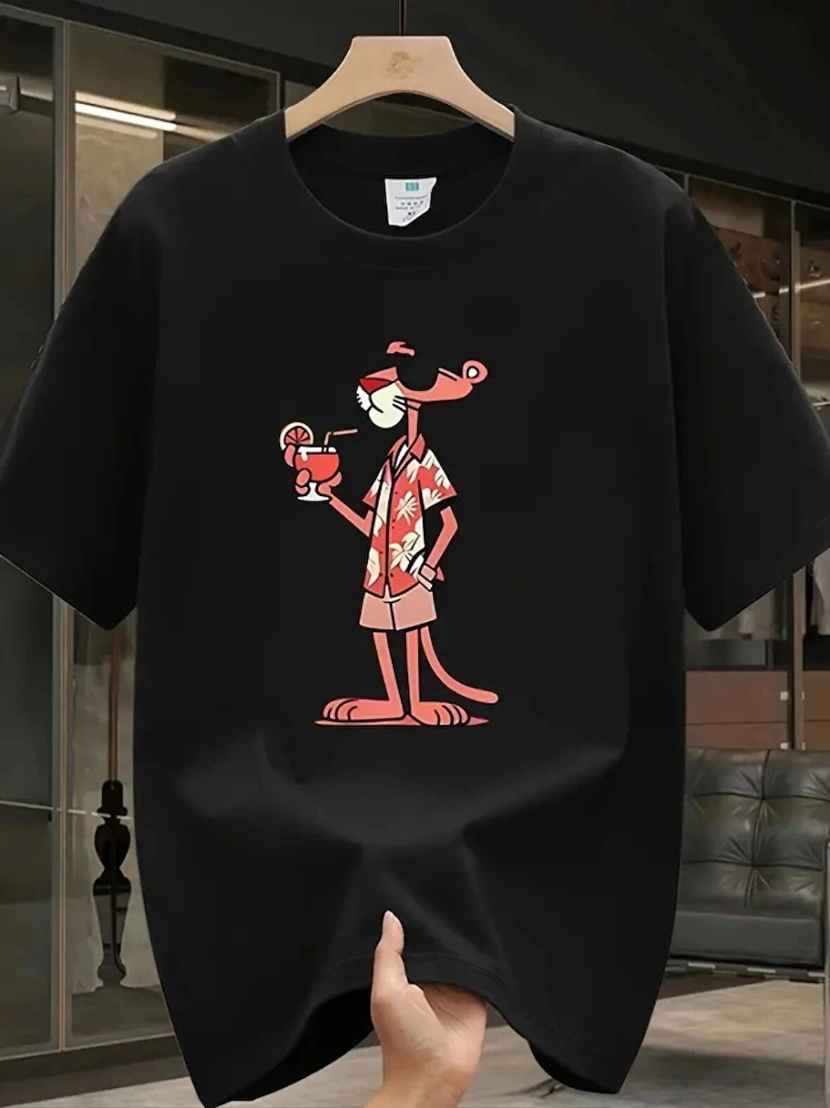 Baskılı Oversize Bisiklet Yaka Tshirt  iyah