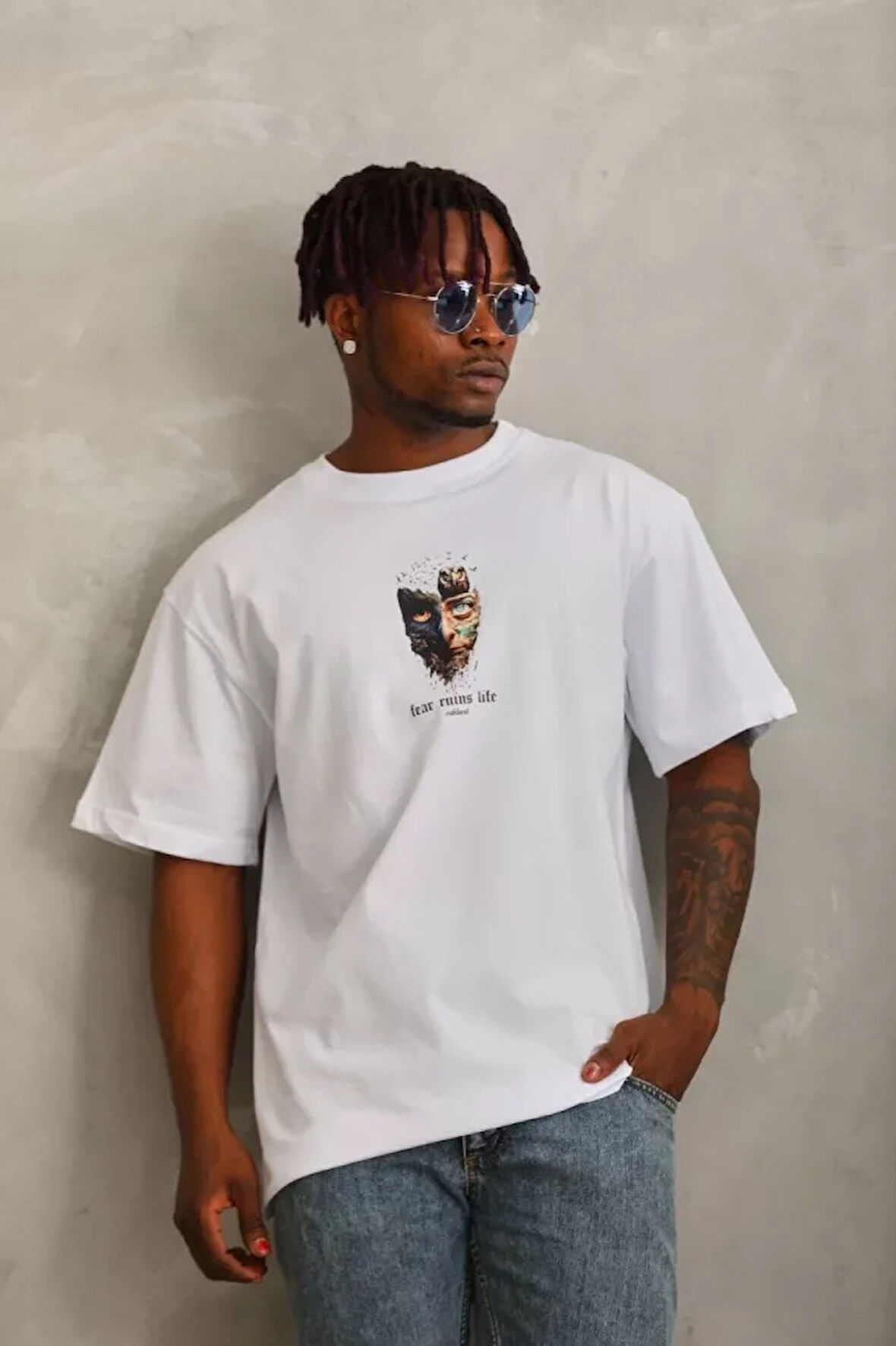 Unisex Oversize Baskılı Bisiklet Yaka Thirt  Beyaz