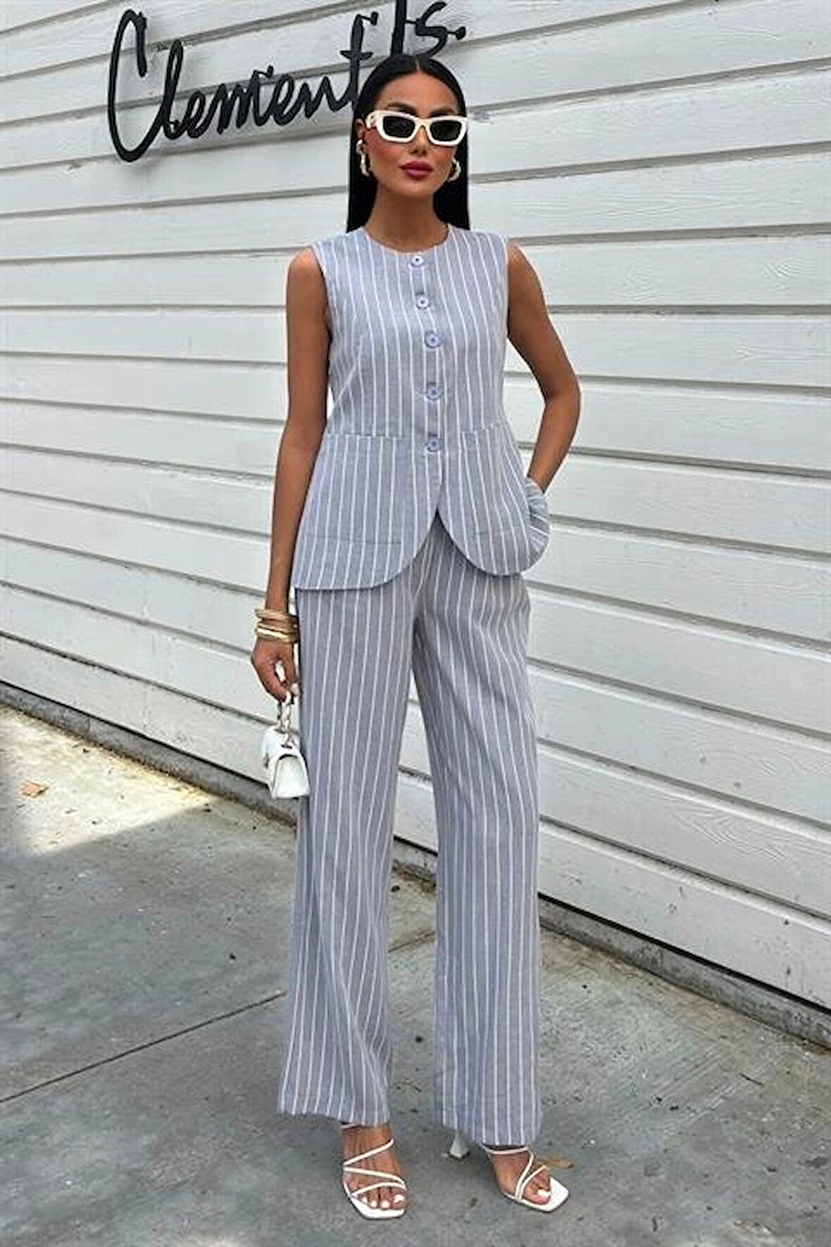 Çizgili Viscon Keten Yelekli Rahat Takım 10121