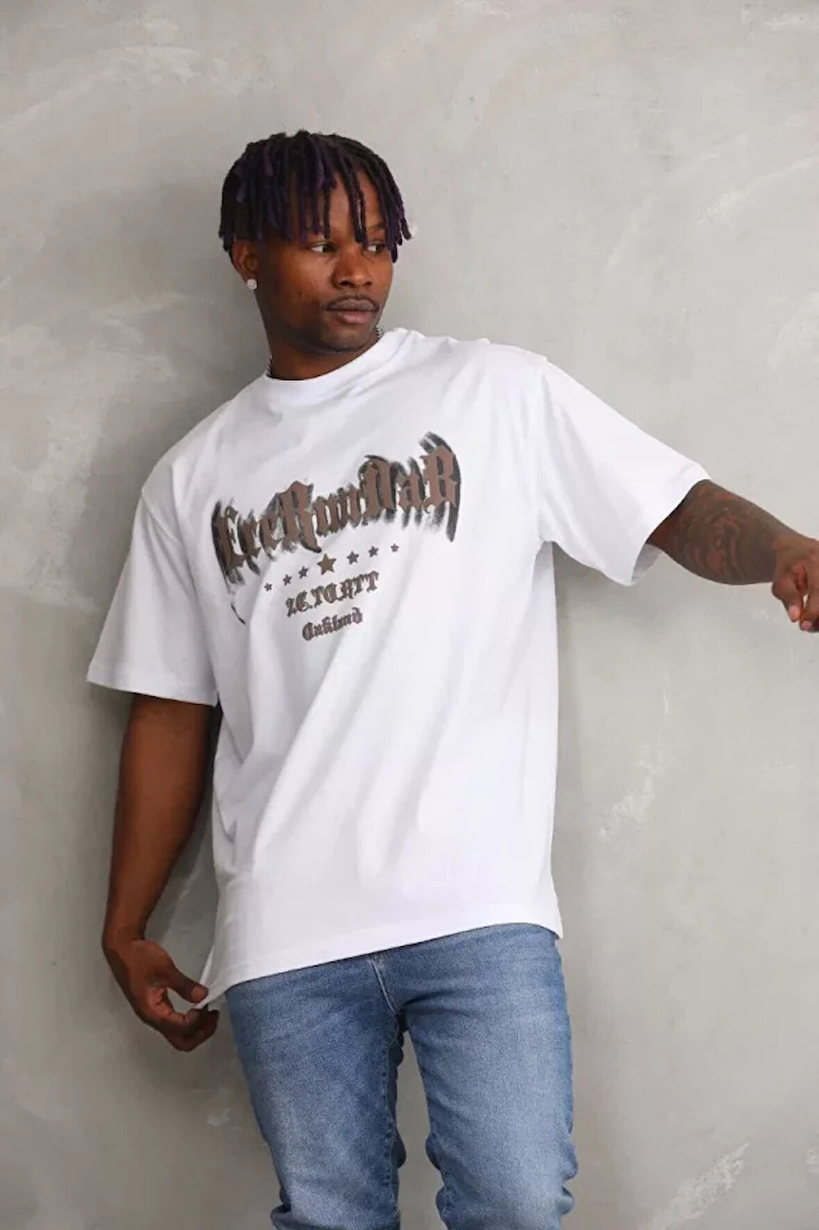 Unisex Baskılı Oversize Thirt  Beyaz