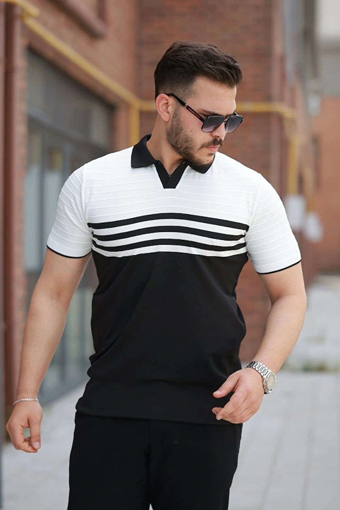 Erkek çizgi Desenli Yakalı Kısa Kollu Tshirt