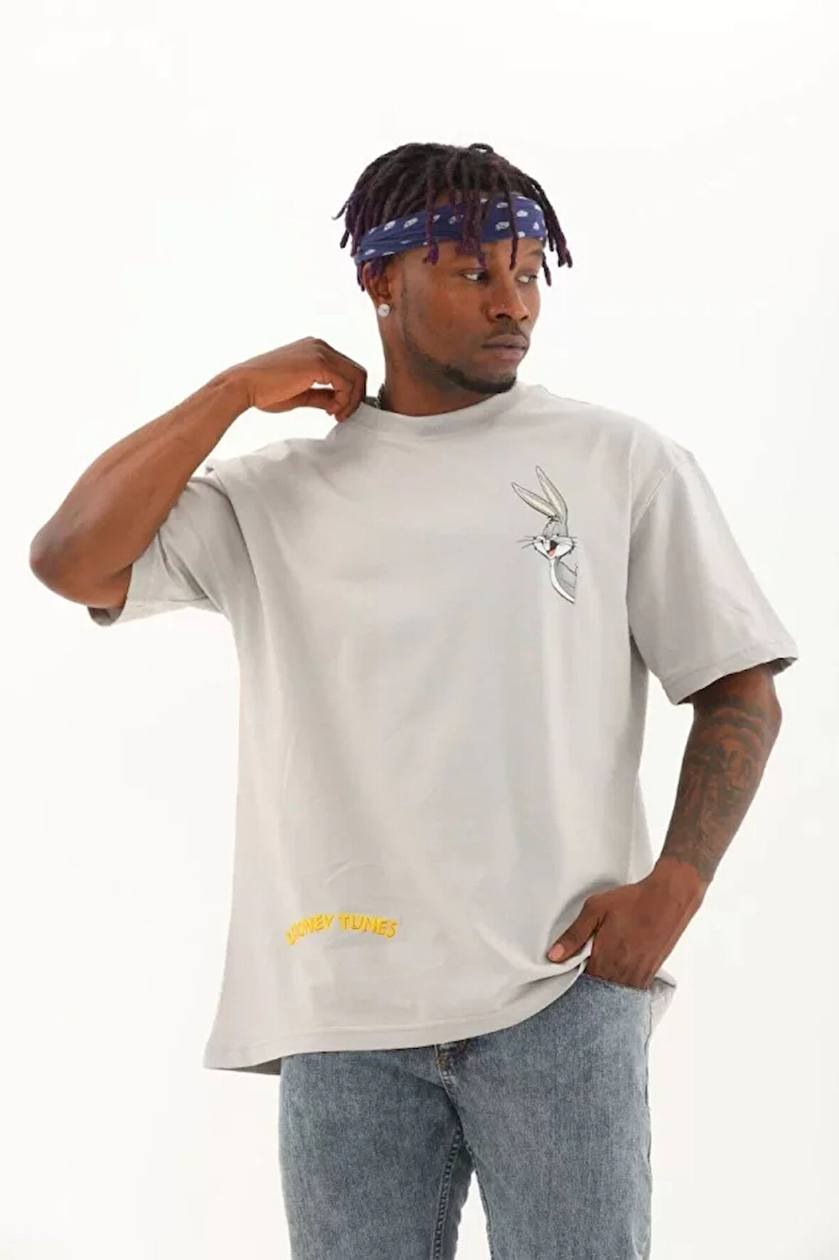 Unisex Oversize Baskılı Bisiklet Yaka Thirt  Gri