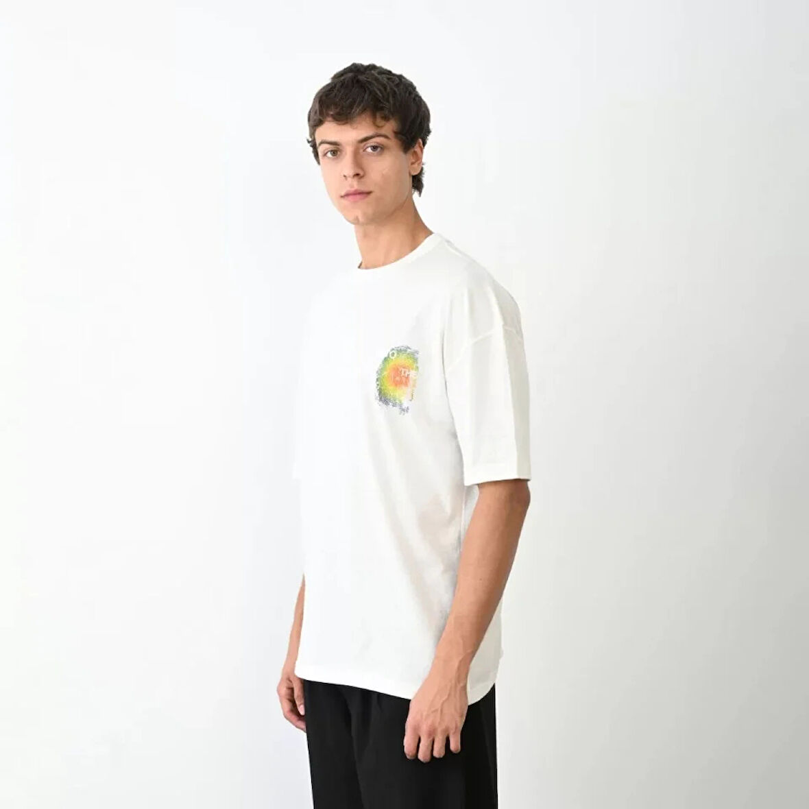 Unisex Bisiklet Yaka Baskılı Oversize Thirt  Beyaz