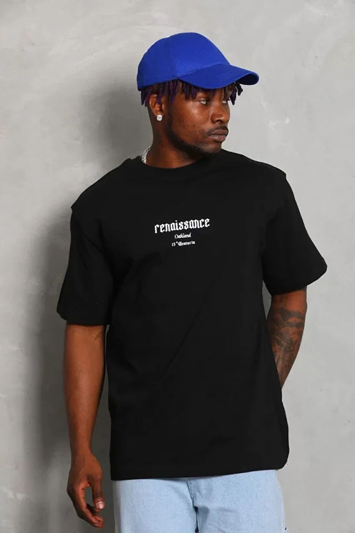 Unisex Oversize Baskılı Bisiklet Yaka Thirt  iyah