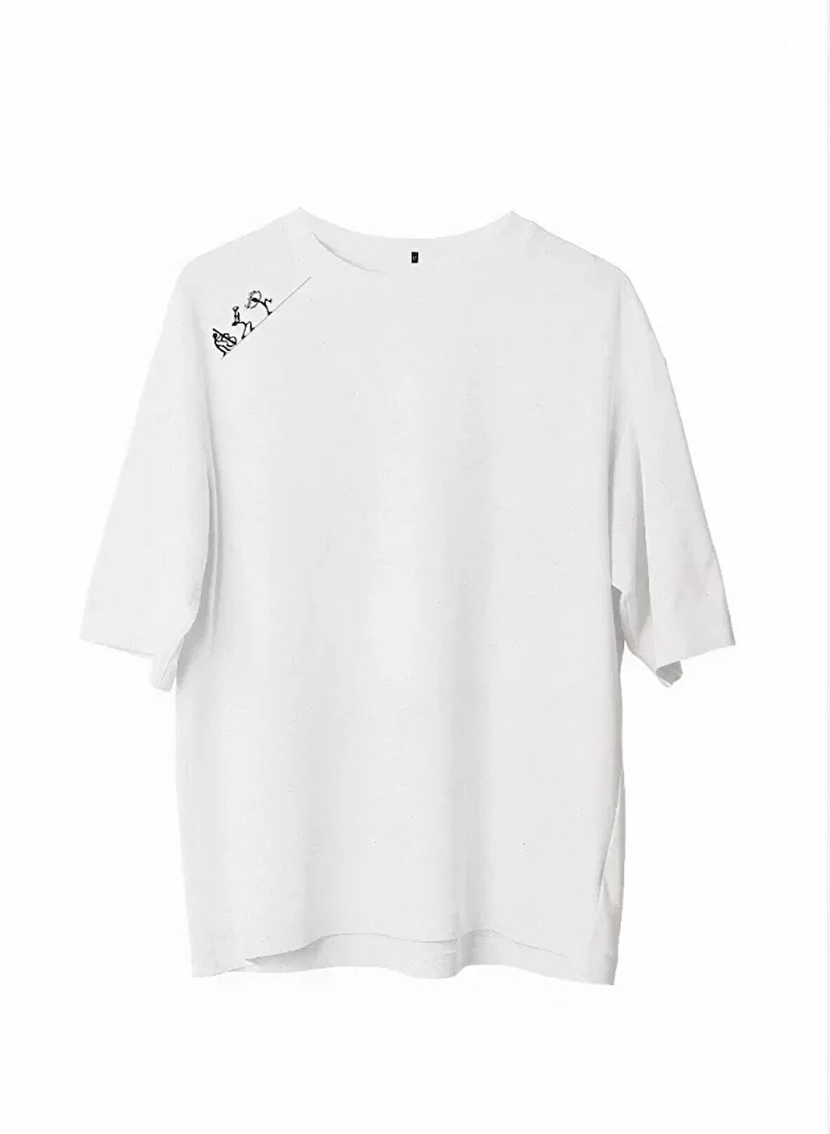 Unisex Bisiklet Yaka Baskılı Oversize Thirt  Beyaz