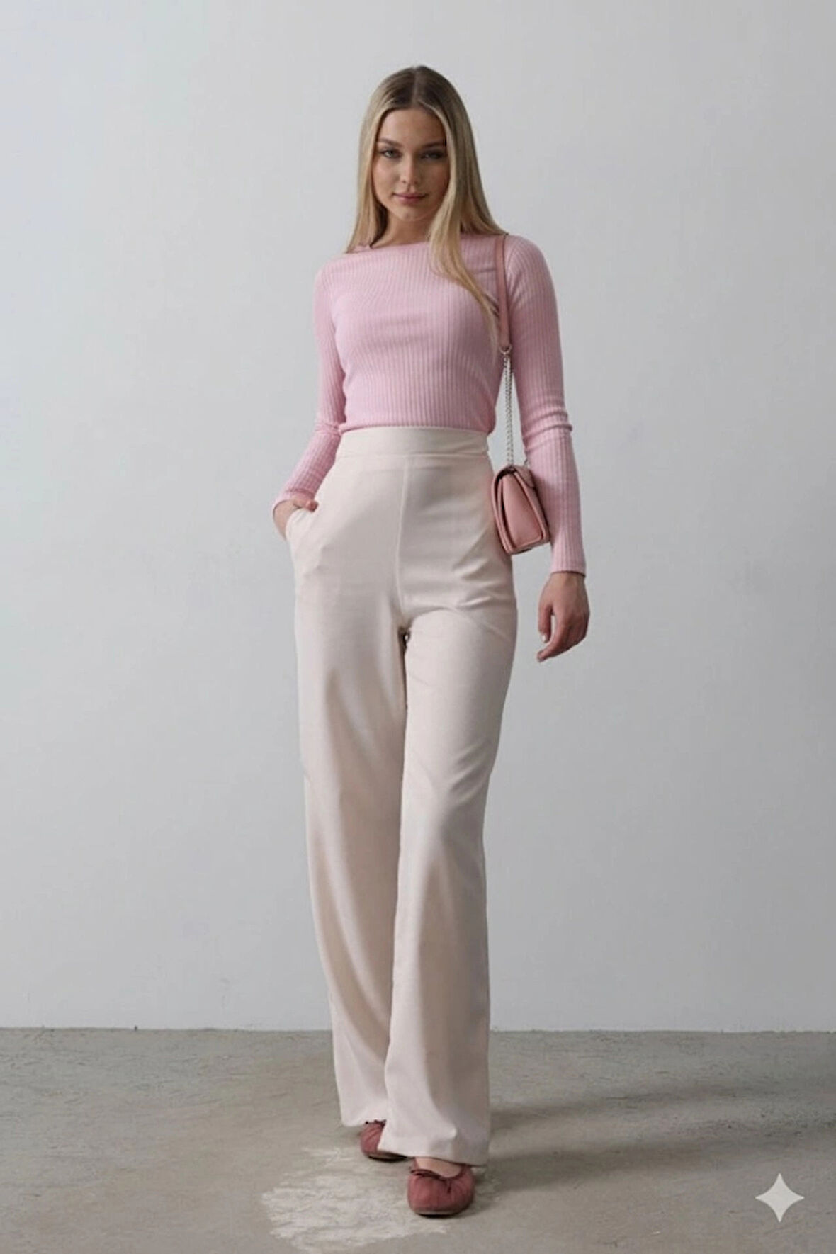 Beli Yarım Lastikli Palazzo Pantolon  Pudra