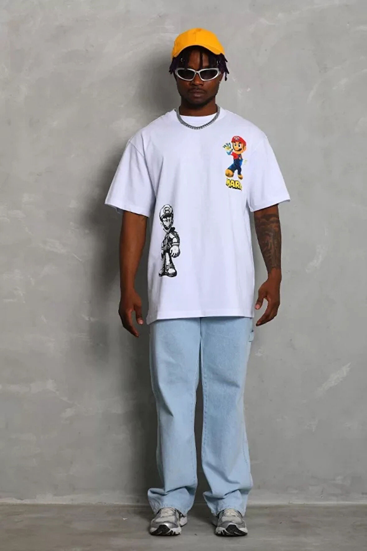 Unisex Oversize Baskılı Bisiklet Yaka Thirt  Beyaz