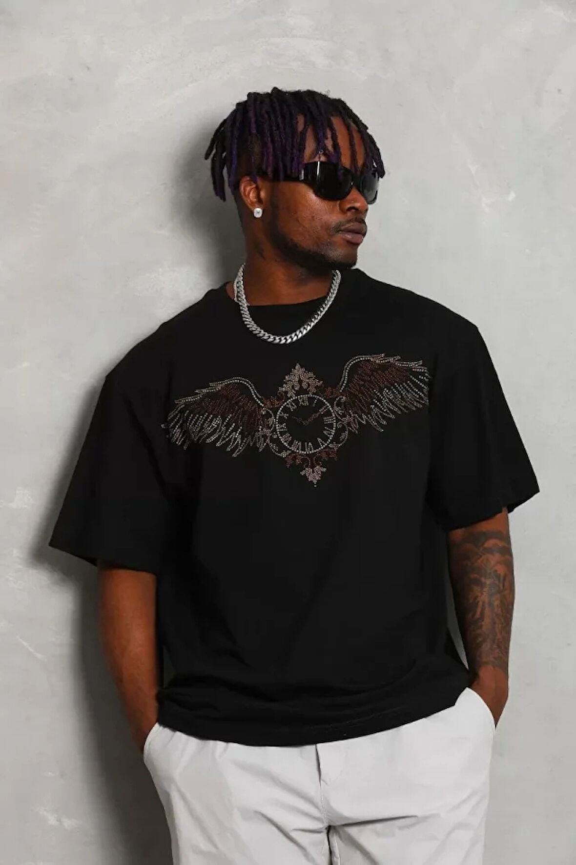 Unisex Oversize Taşlı Bisiklet Yaka Thirt  iyah