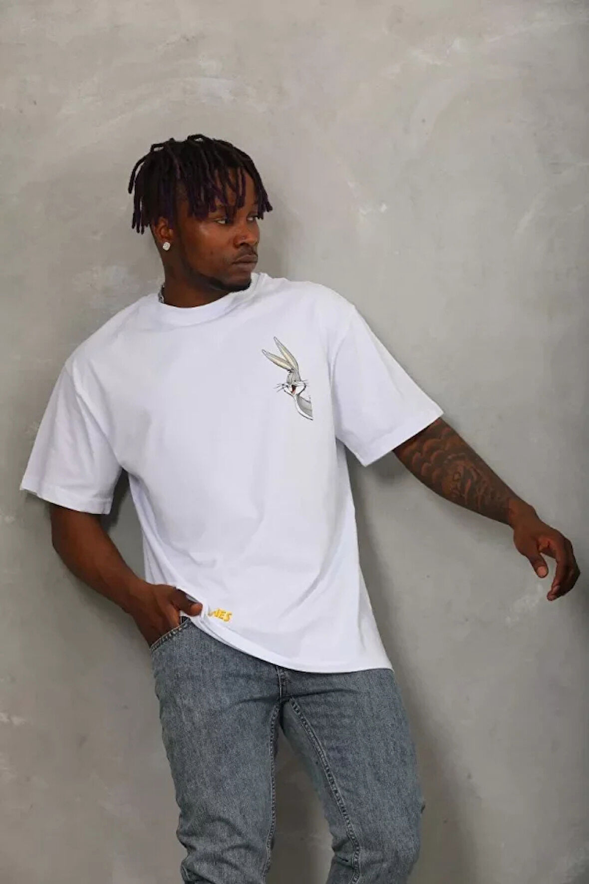 Unisex Oversize Baskılı Bisiklet Yaka Thirt  Beyaz