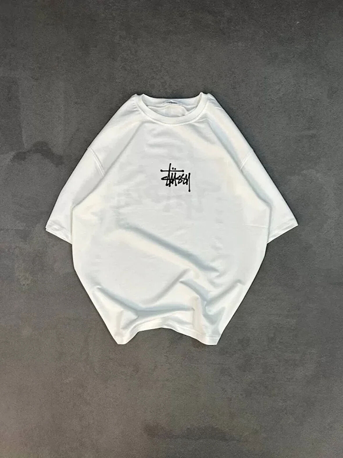 Unisex Bisiklet Yaka Baskılı Oversize Thirt  Beyaz