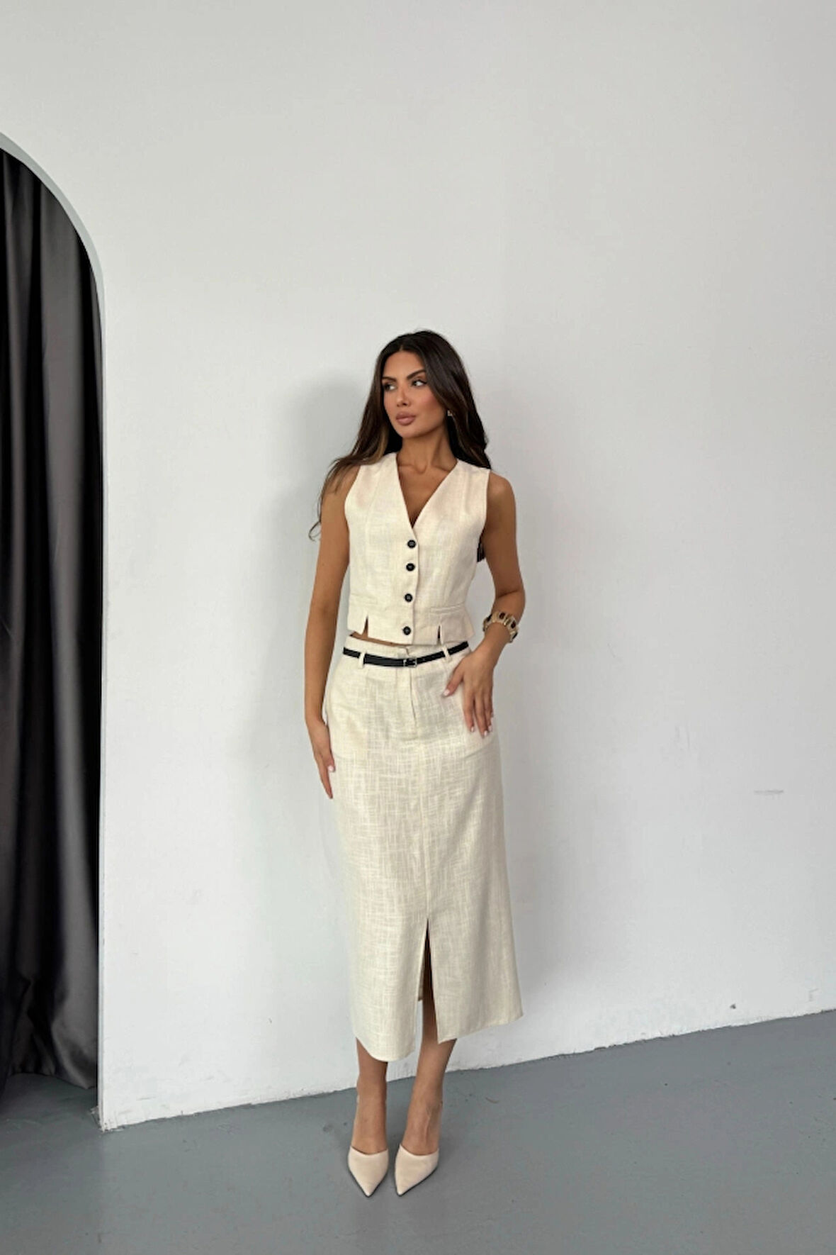 YELEKÖNDEN YIRTMAÇLI ETEK TK ŞANTUK KETEN  Ham