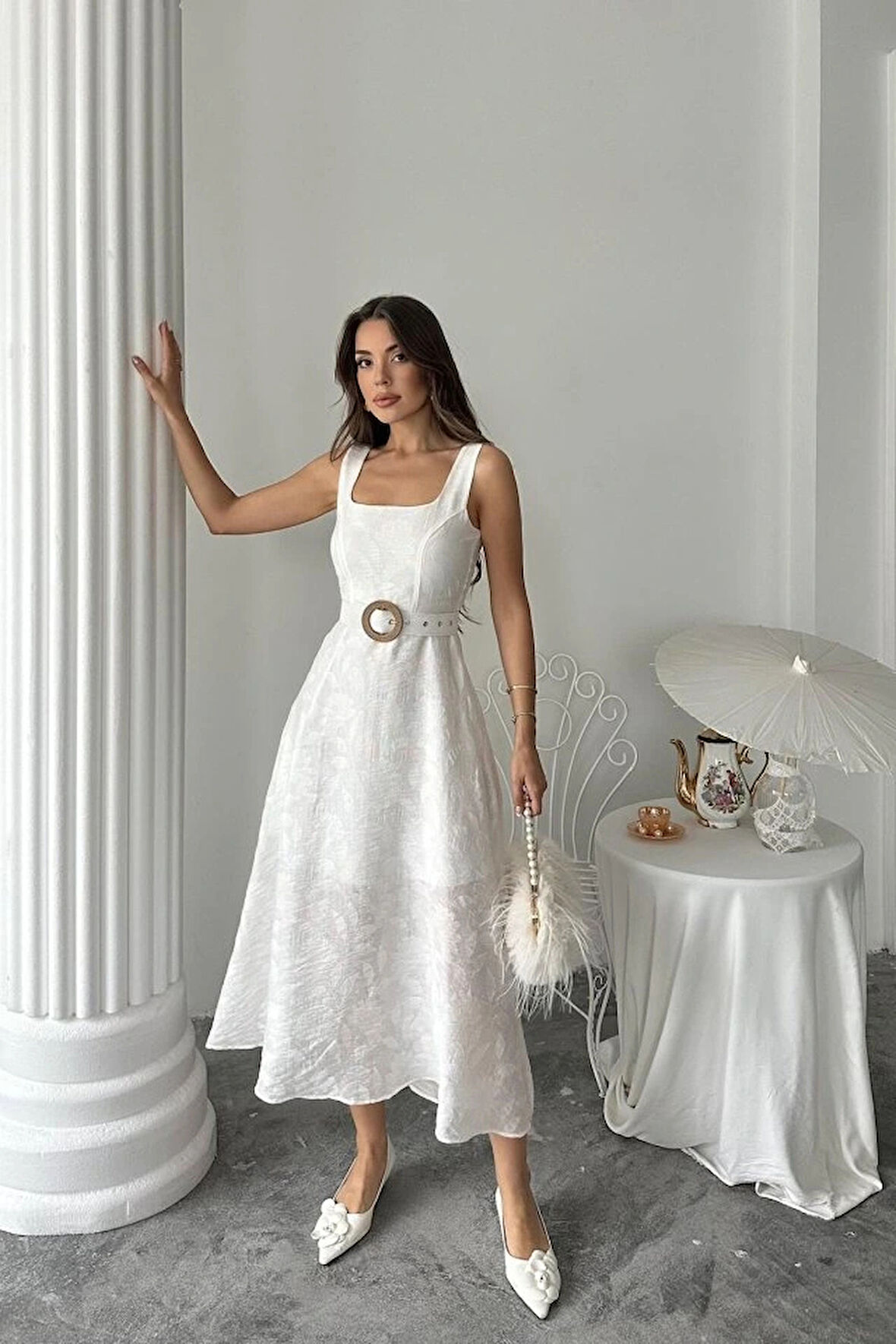 Ekru Kuplu Uzun Elbise