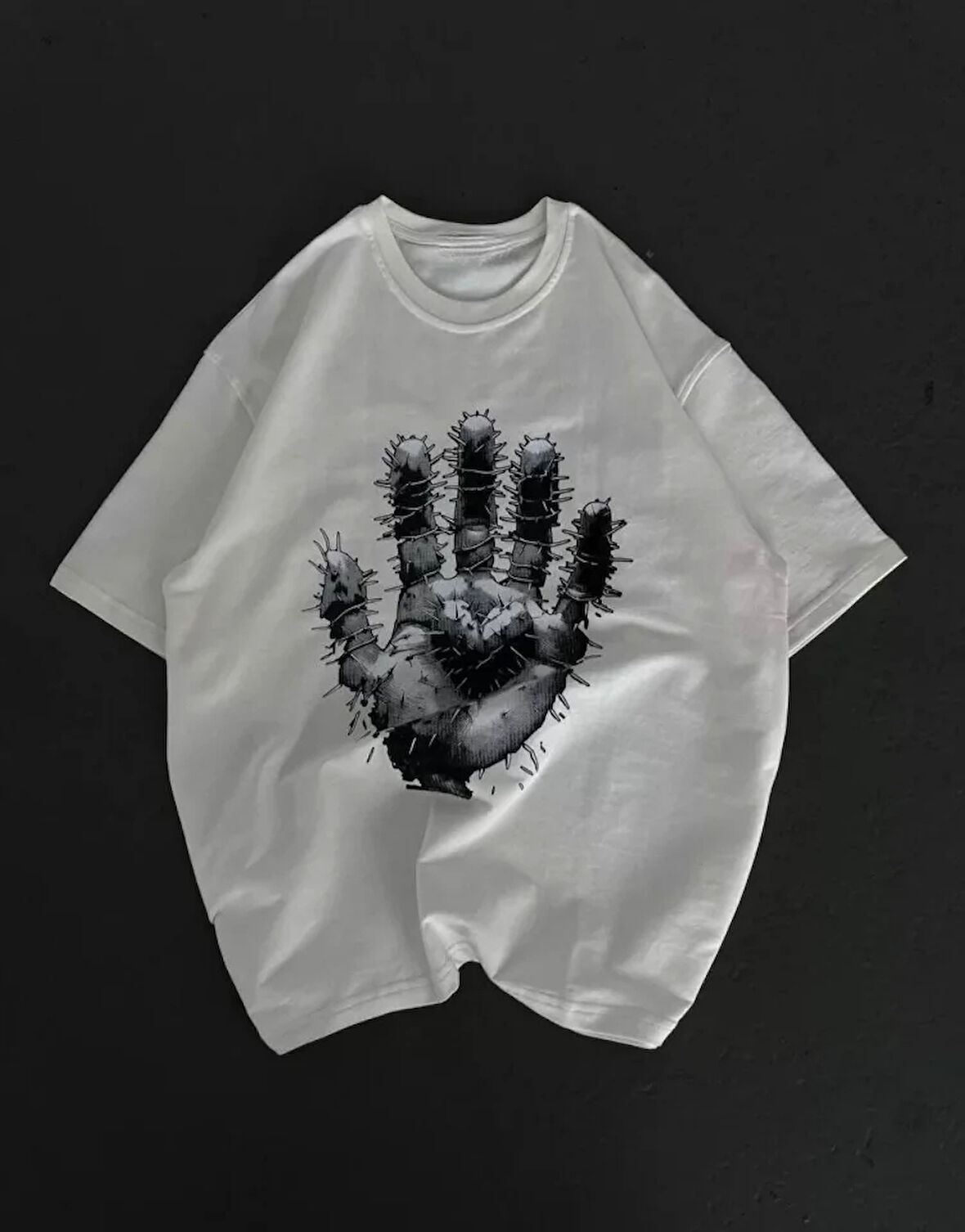 Unisex Bisiklet Yaka Baskılı Oversize Thirt  Beyaz