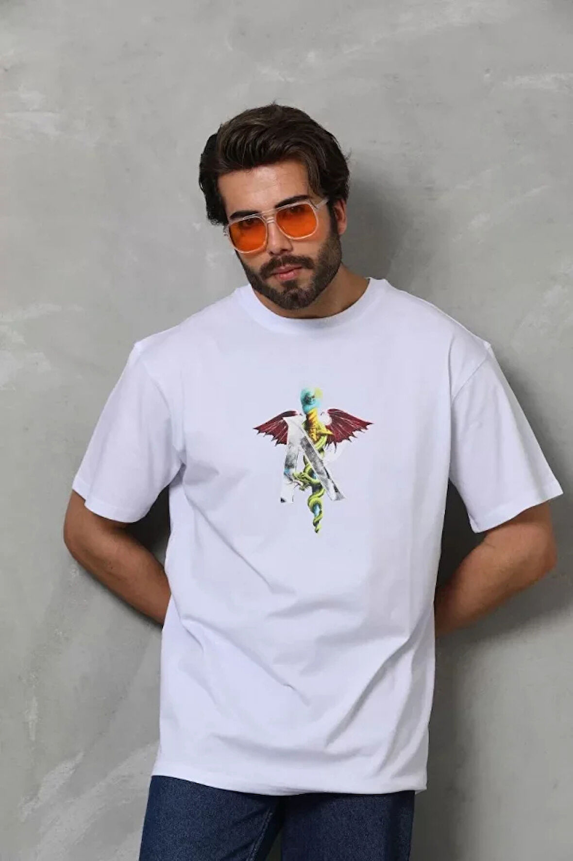 Unisex Bisiklet Yaka Baskılı Oversize Thirt  Beyaz