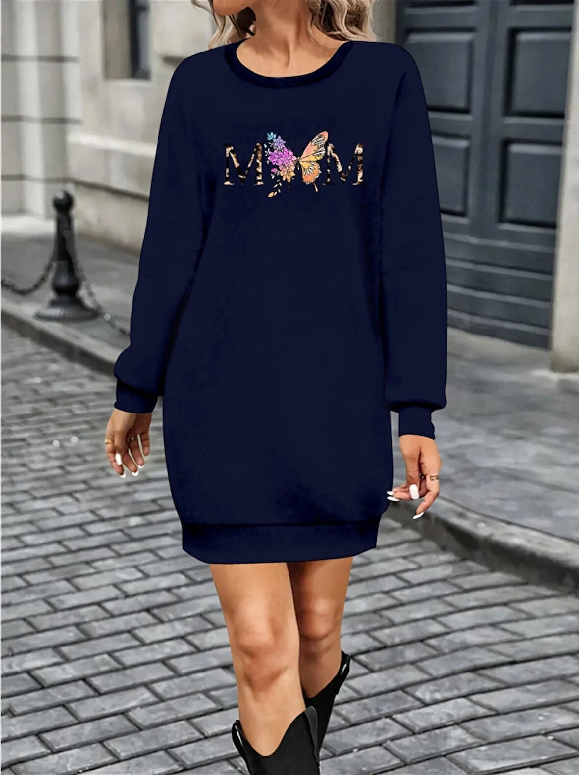 Kadın Uzun Kollu Bisiklet Yaka Viskon Iki Iplik Elbise